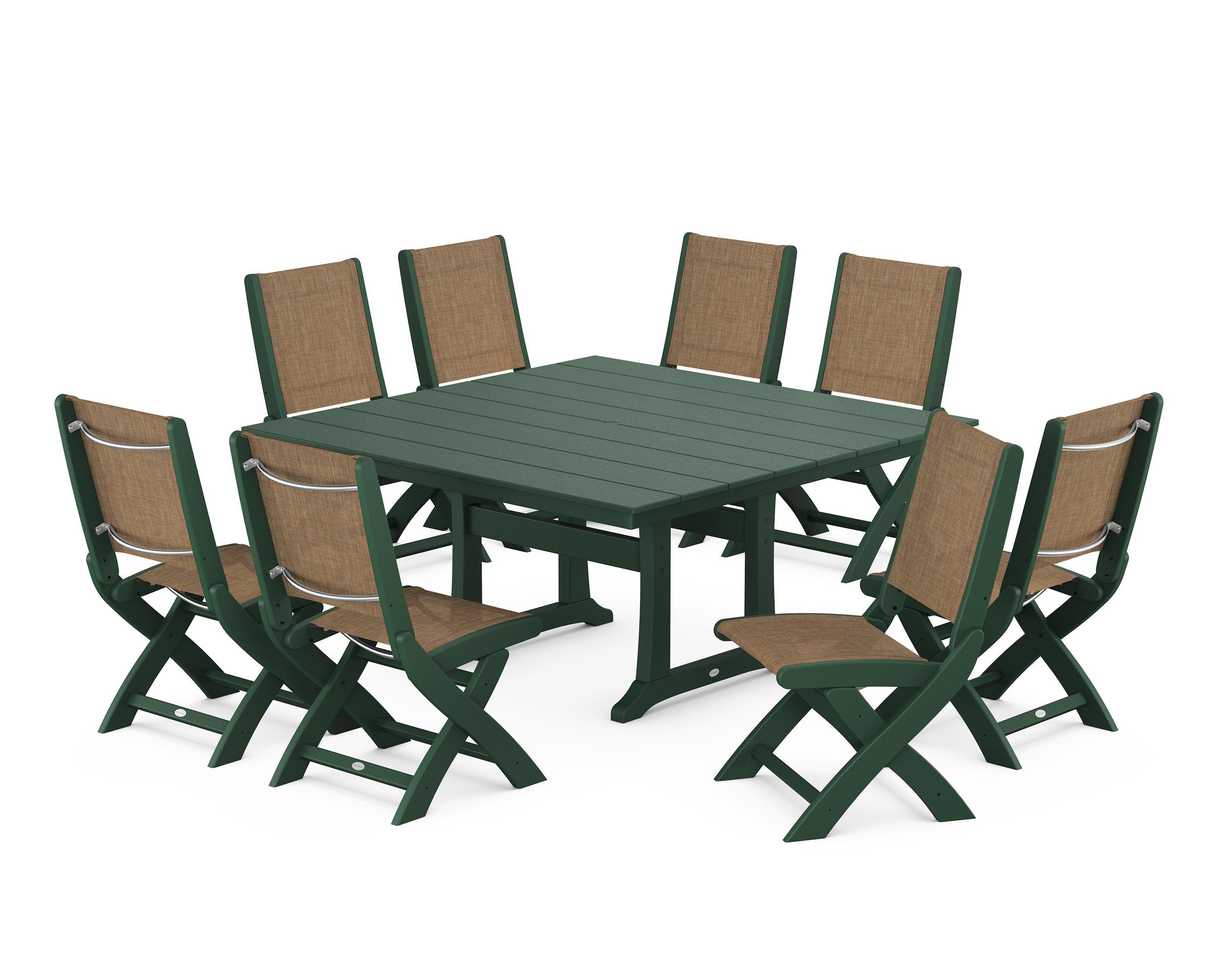 POLYWOOD Coastal Folding Side Chair 9-Piece Farmhouse Dining Set in Green / Burlap Sling