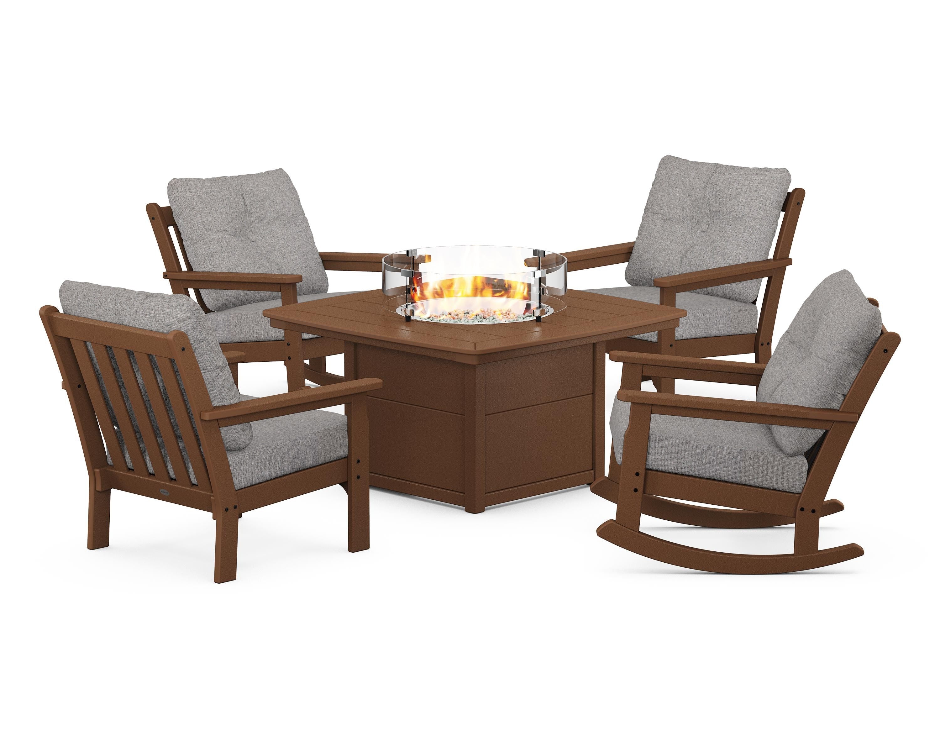 POLYWOOD Vineyard 5-Piece Deep Seating Rocking Chair Conversation Set with Fire Pit Table in Teak / Grey Mist