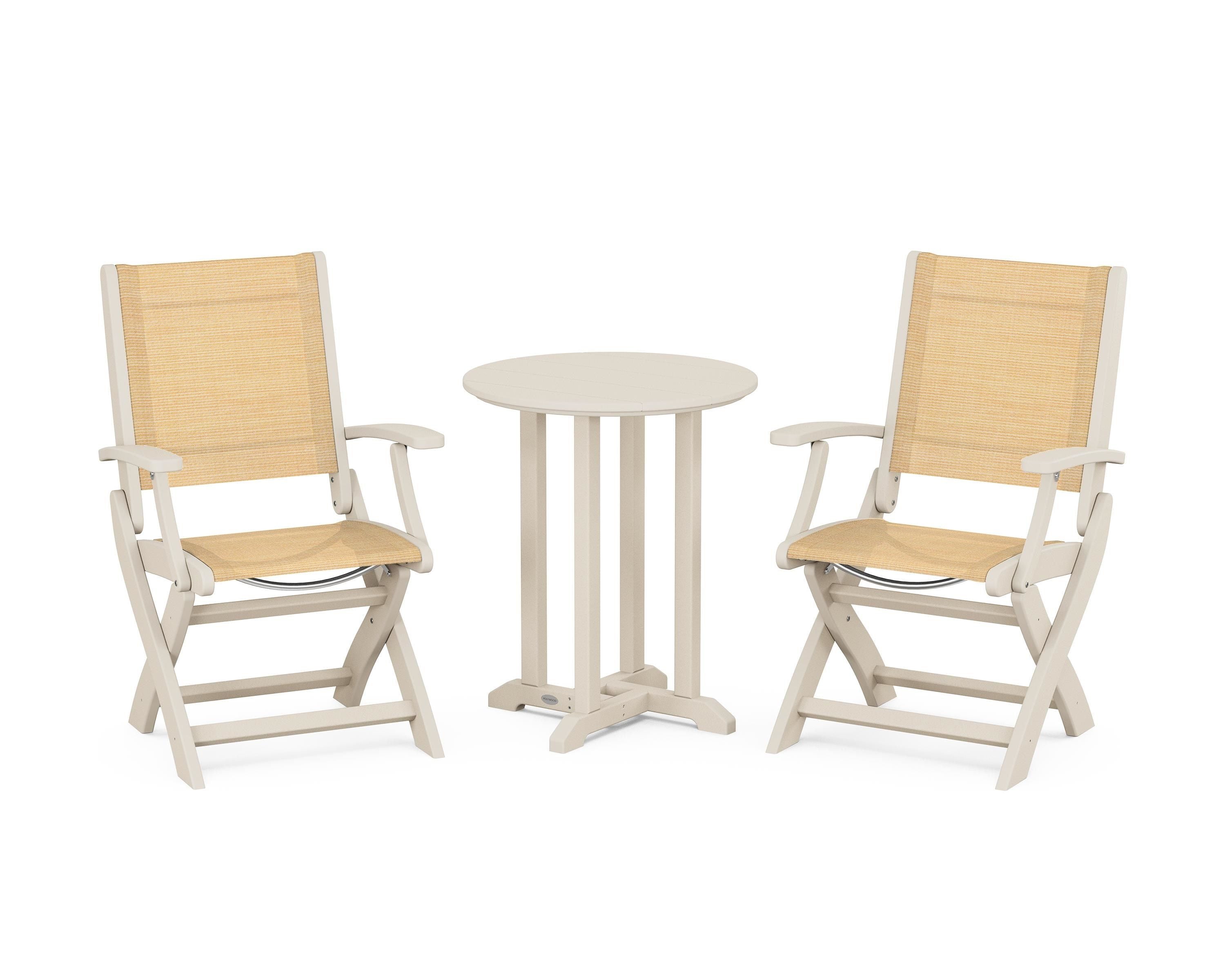 POLYWOOD Coastal Folding 3-Piece Round Bistro Dining Set in Sand / Dupioni Apricot Sling