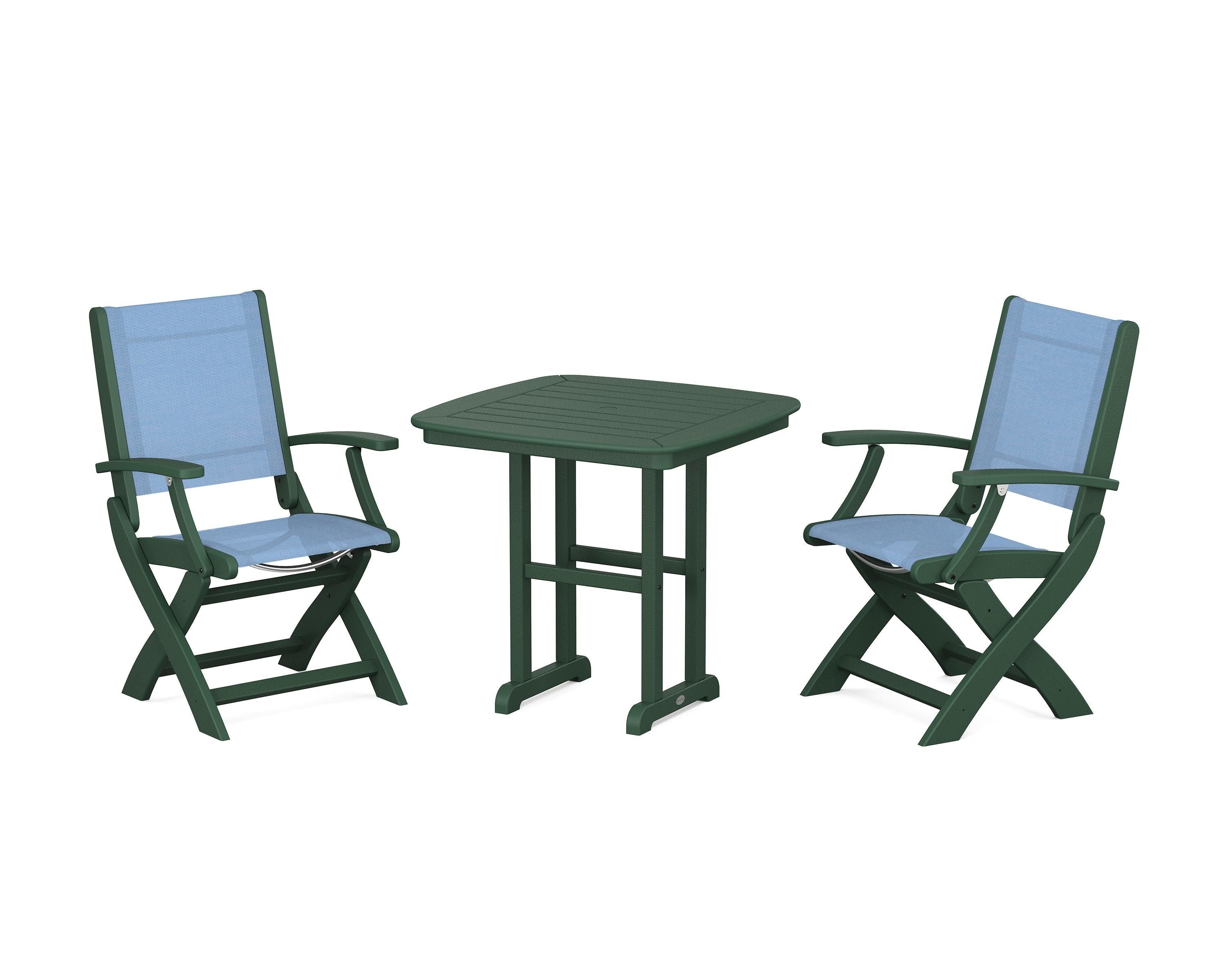 POLYWOOD Coastal Folding Chair 3-Piece Dining Set in Green / Poolside Sling