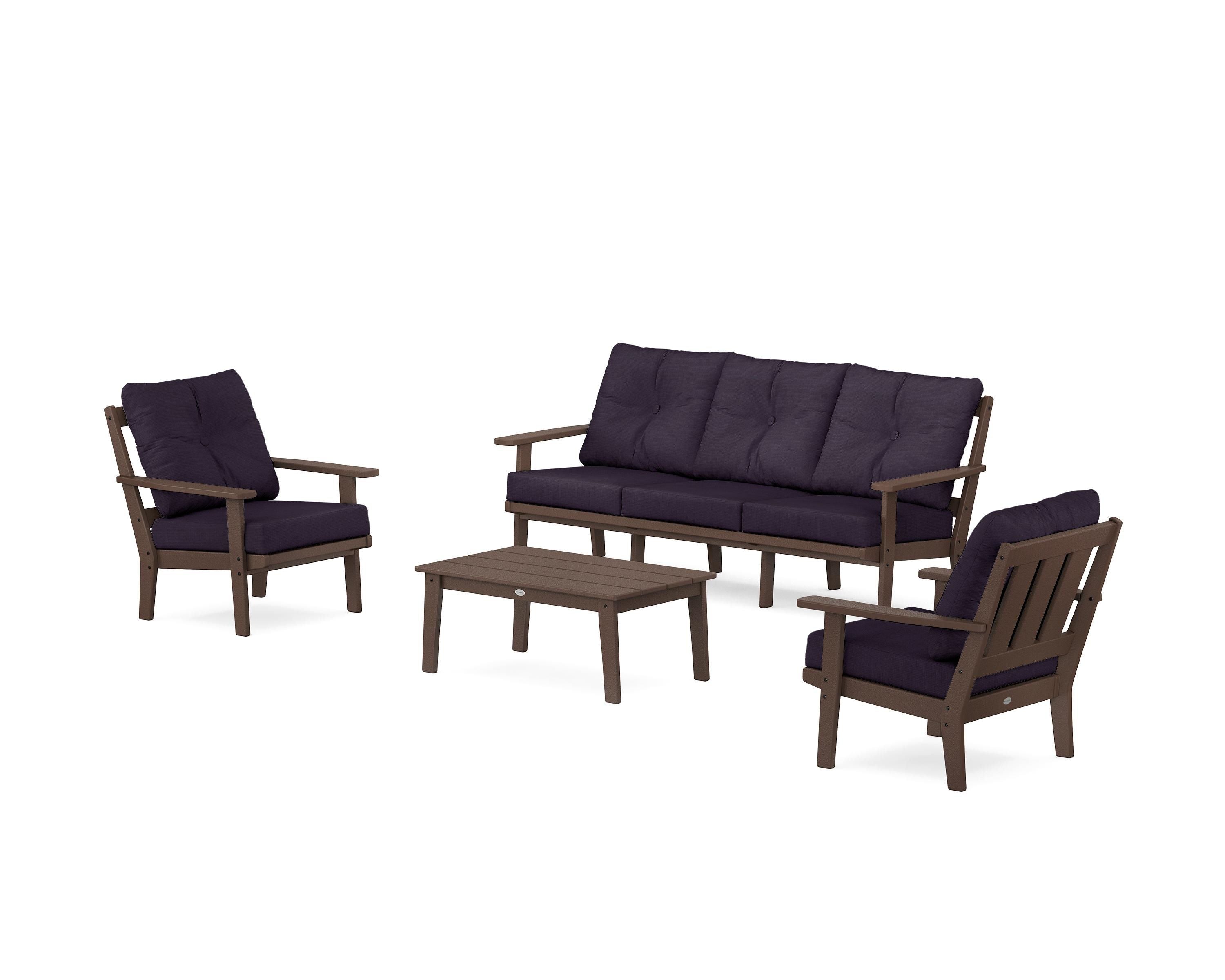 POLYWOOD Oxford 4-Piece Deep Seating Set with Sofa in Mahogany / Navy Linen