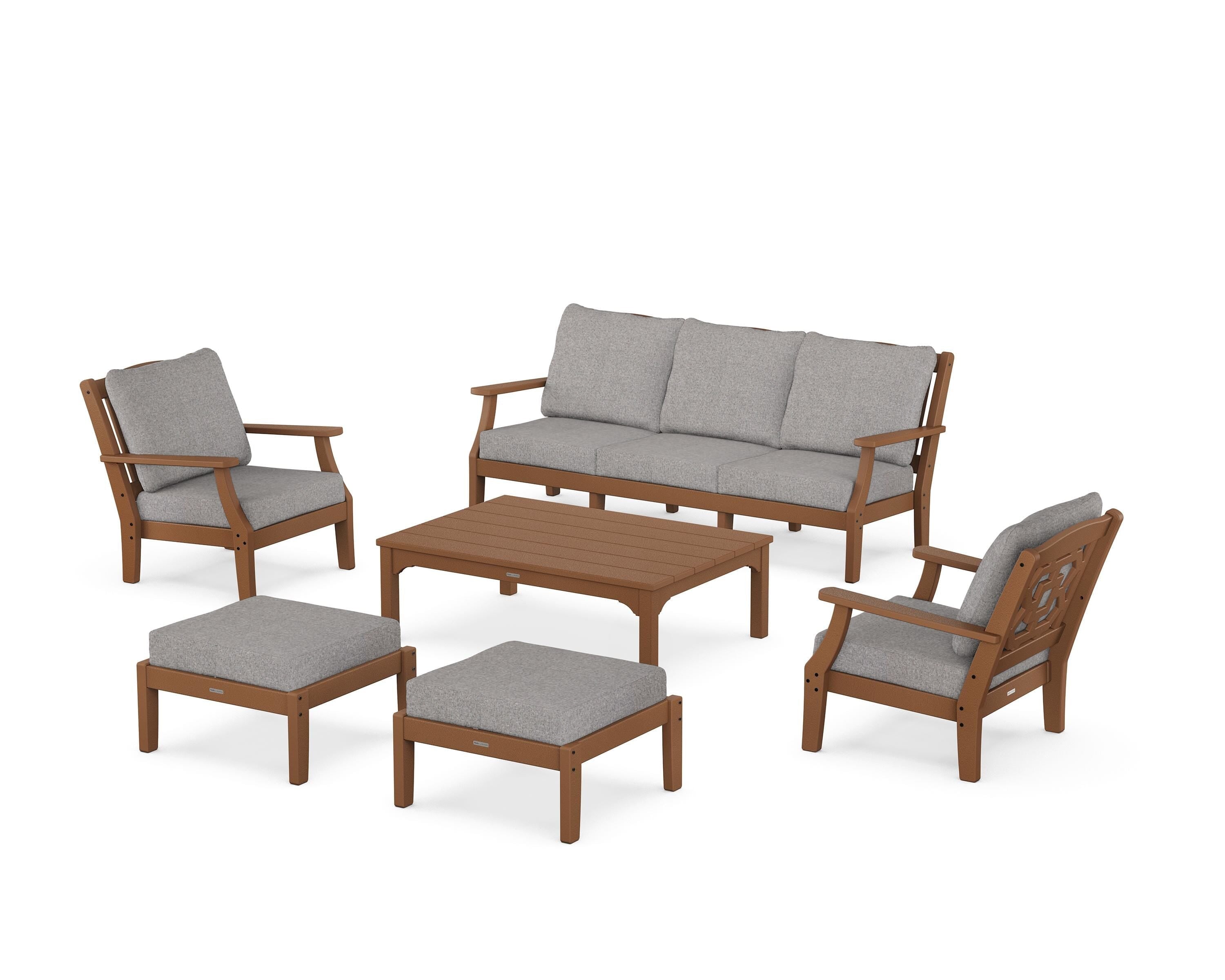 Martha Stewart by POLYWOOD Chinoiserie 6-Piece Lounge Sofa Set in Teak / Grey Mist