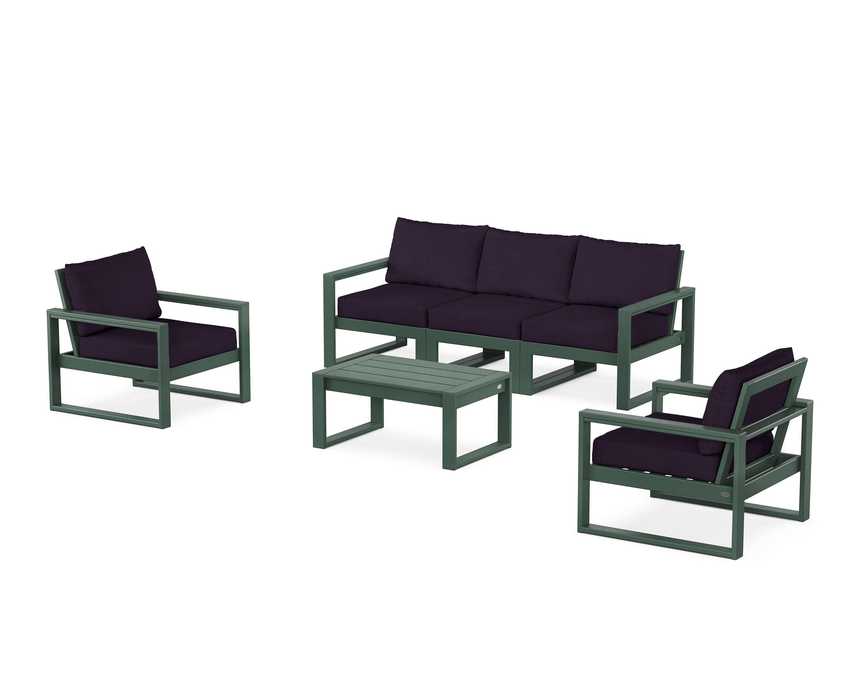 POLYWOOD EDGE Sectional 4-Piece Deep Seating Set with Sofa in Green / Navy Linen