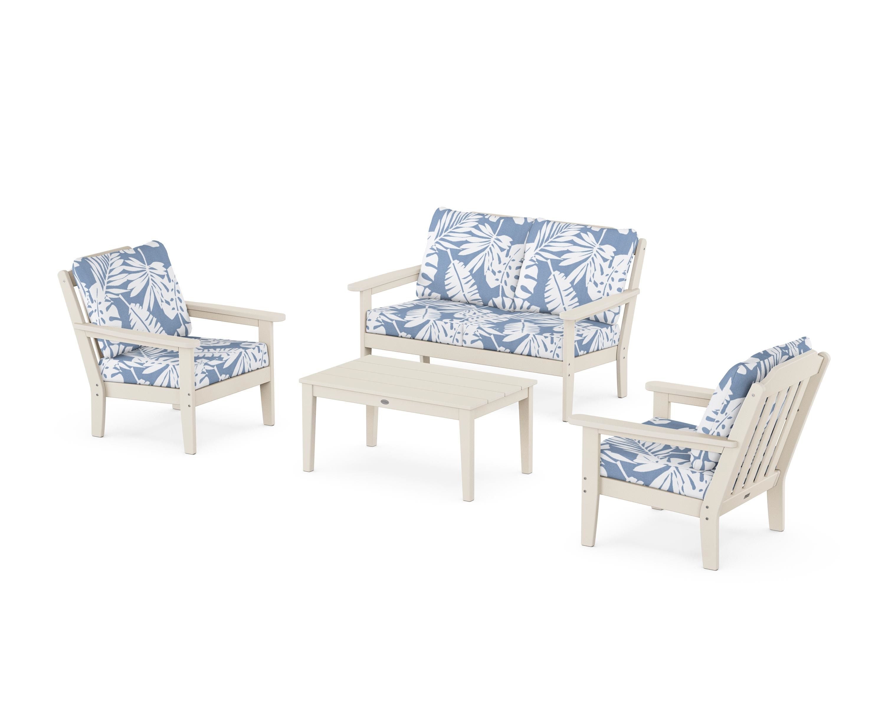 Country Living Cottage 4-Piece Deep Seating Set with Loveseat in Sand / Leaf Sky Blue