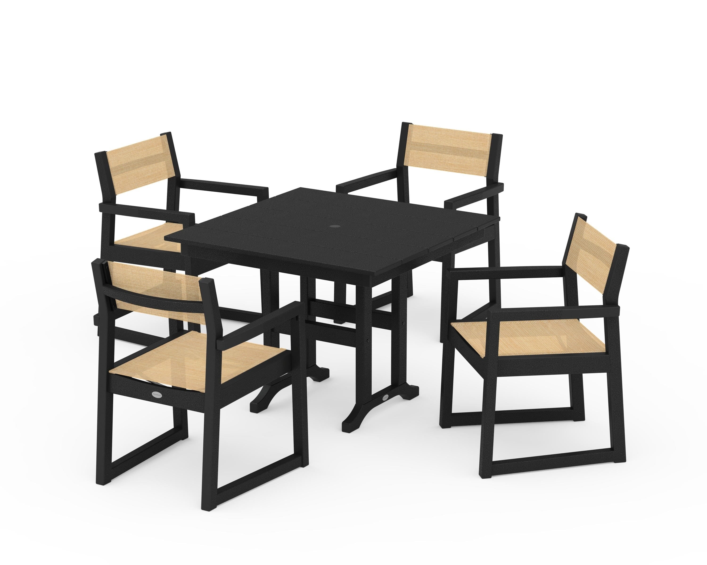 POLYWOOD EDGE Sling Arm Chair 5-Piece Farmhouse Dining Set in Black / Dupioni Apricot Sling
