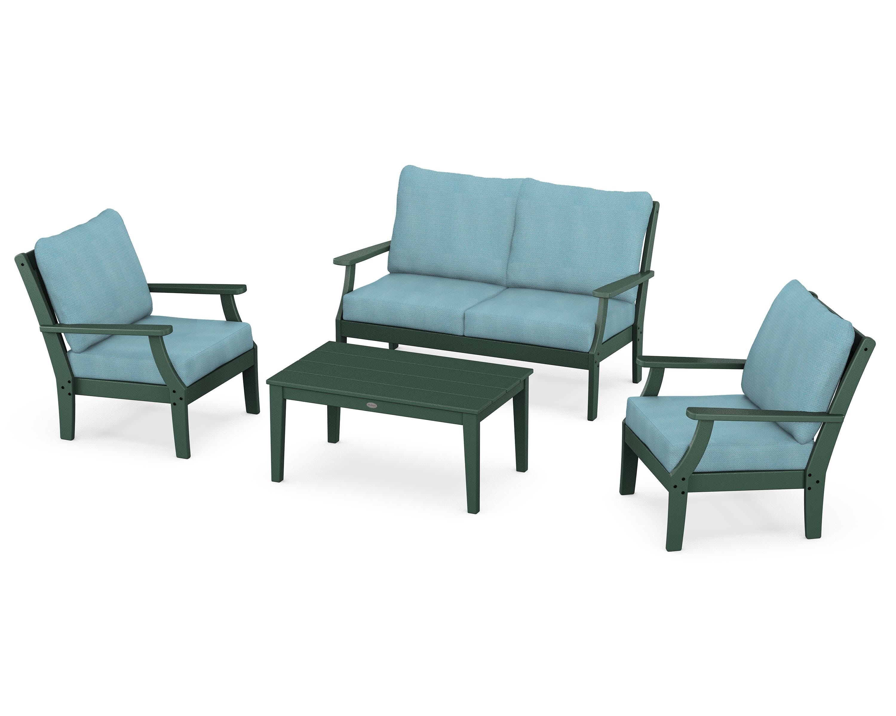 POLYWOOD Braxton 4-Piece Deep Seating Chair Set in Green / Lattice Sky Blue