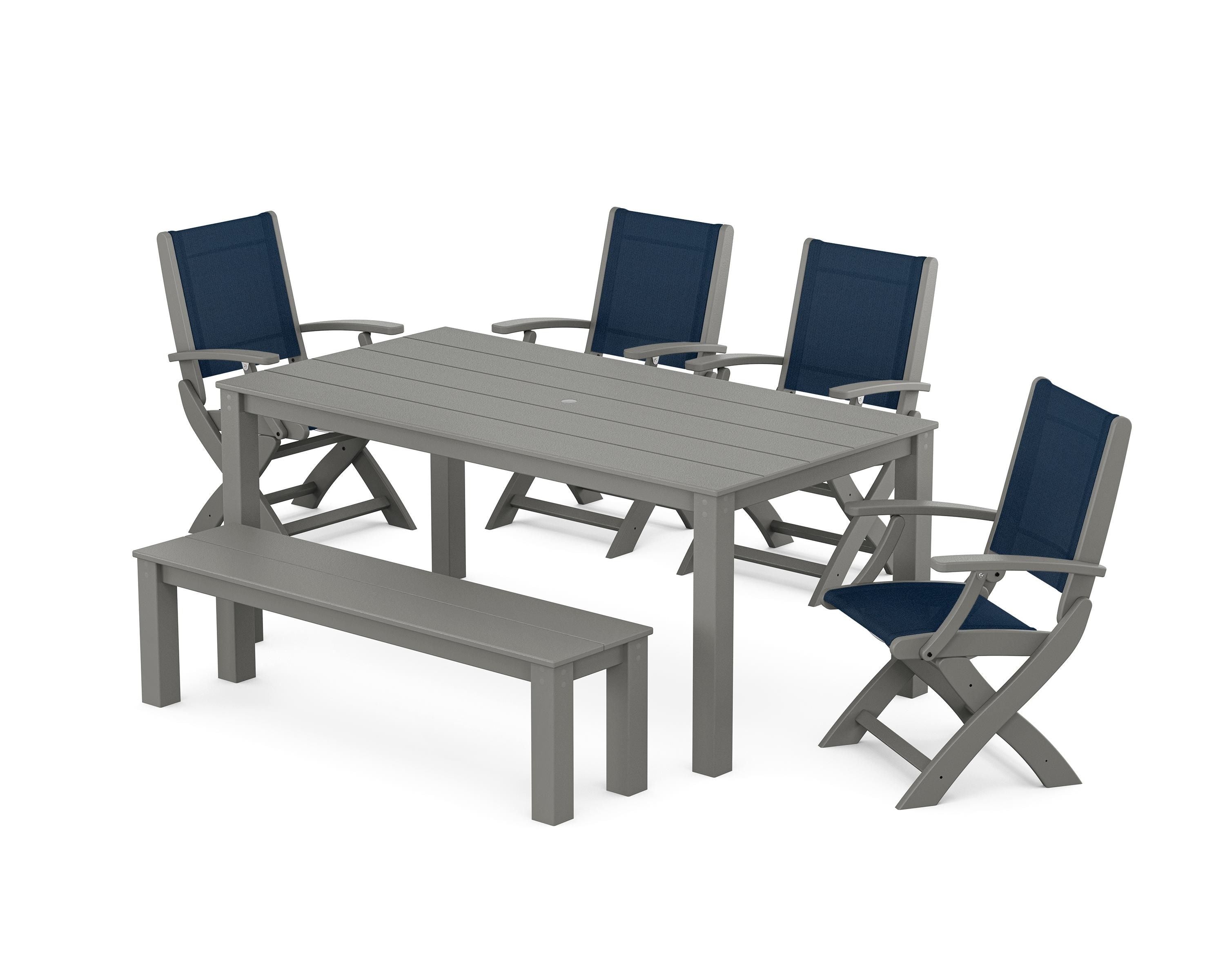POLYWOOD Coastal Folding Chair 6-Piece Parsons Dining Set with Bench in Slate Grey / Navy Blue Sling