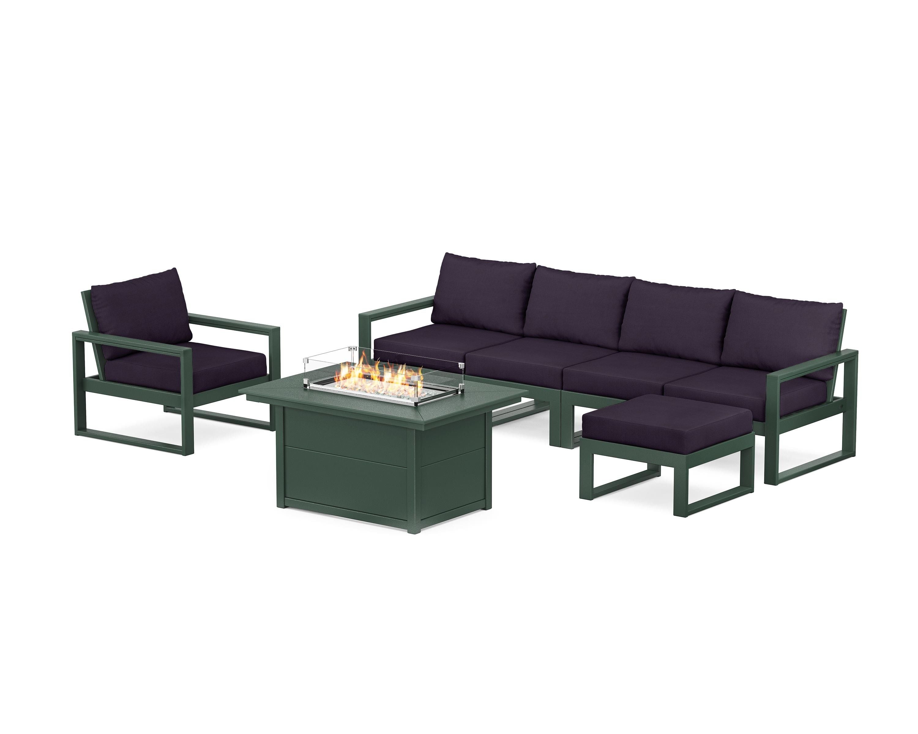 POLYWOOD EDGE Sectional Lounge and Fire Pit Set in Green / Navy Linen