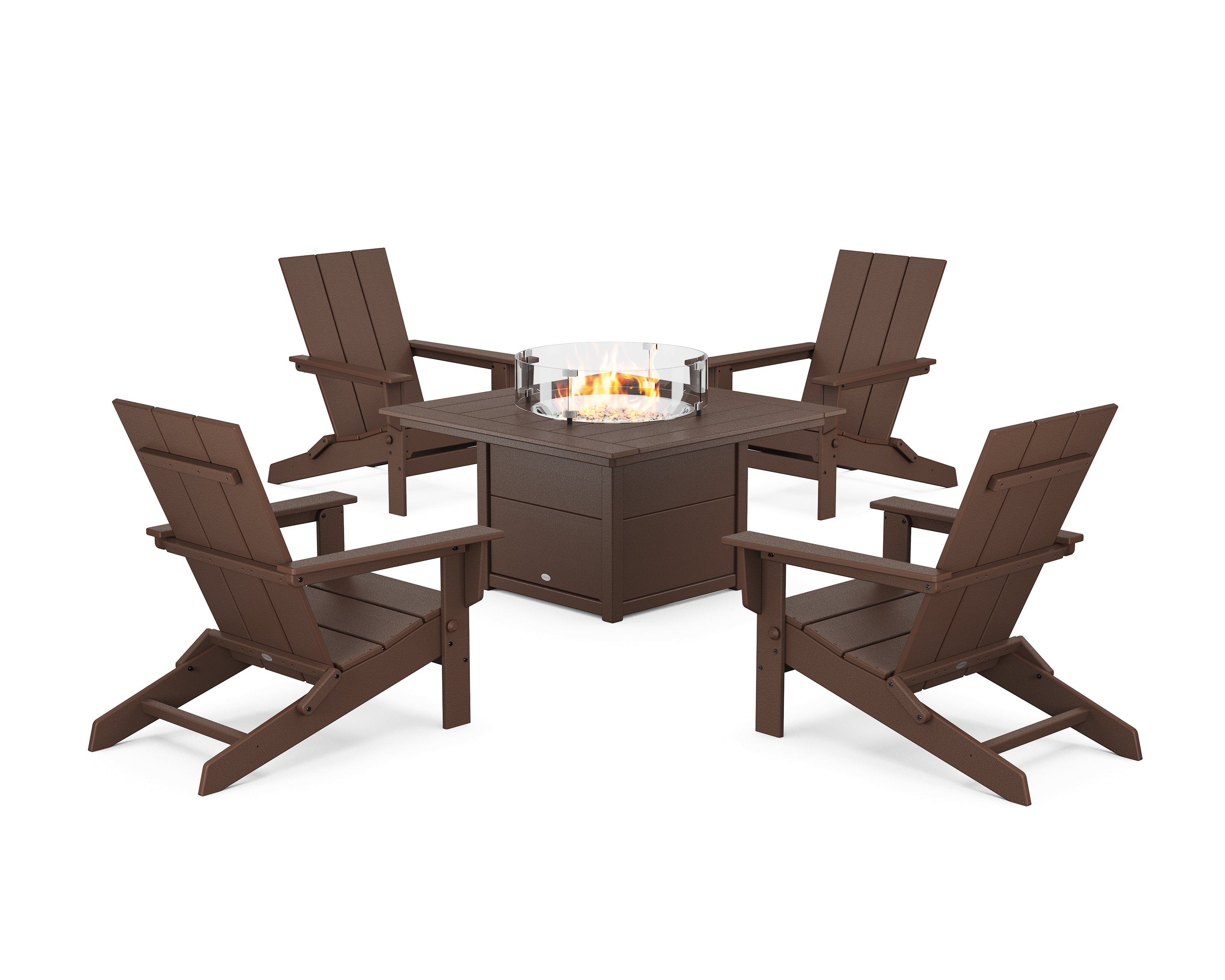 POLYWOOD® 5-Piece Modern Studio Folding Adirondack Conversation Set with Fire Pit Table in Mahogany