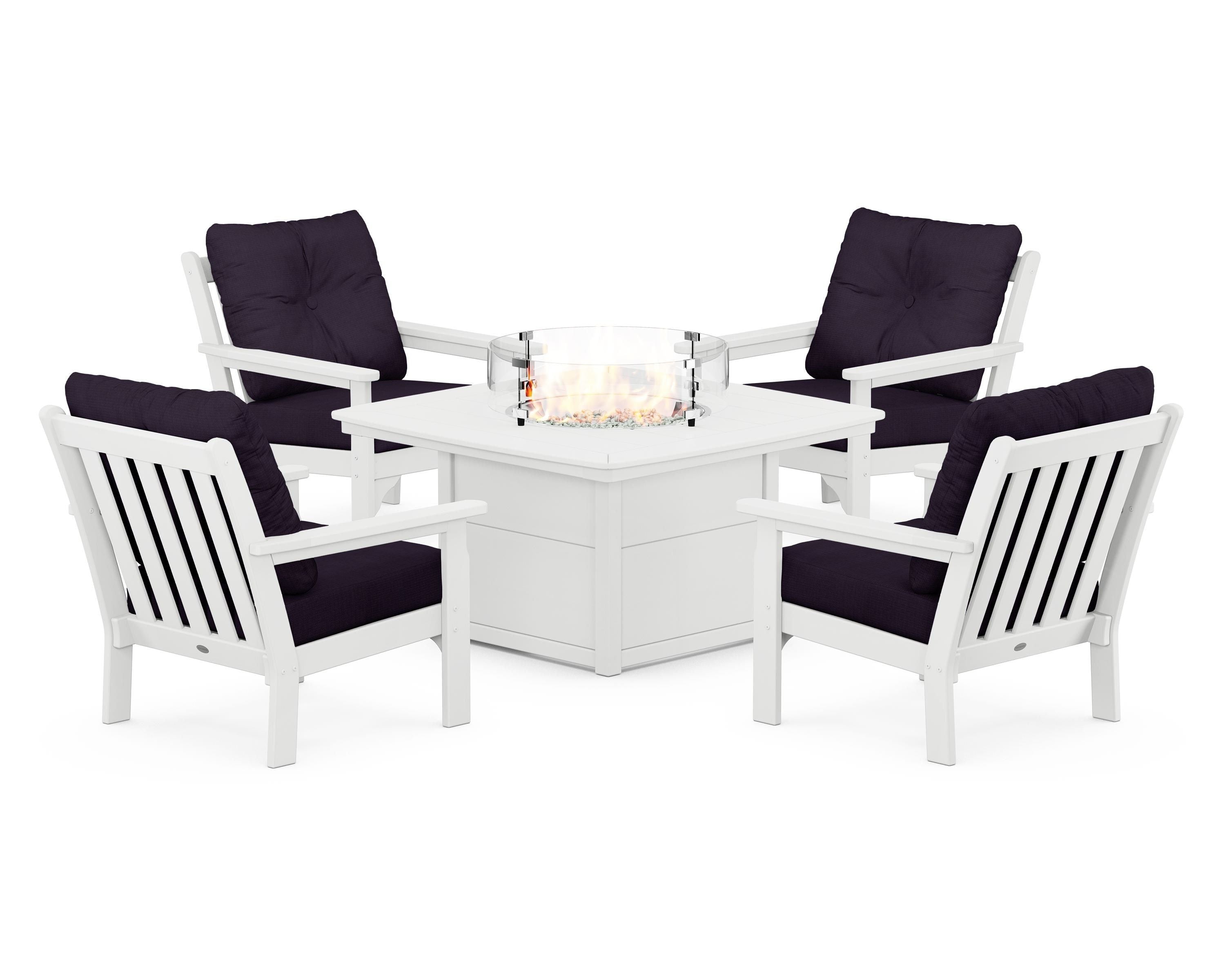 POLYWOOD Vineyard 5-Piece Conversation Set with Fire Pit Table in White / Navy Linen
