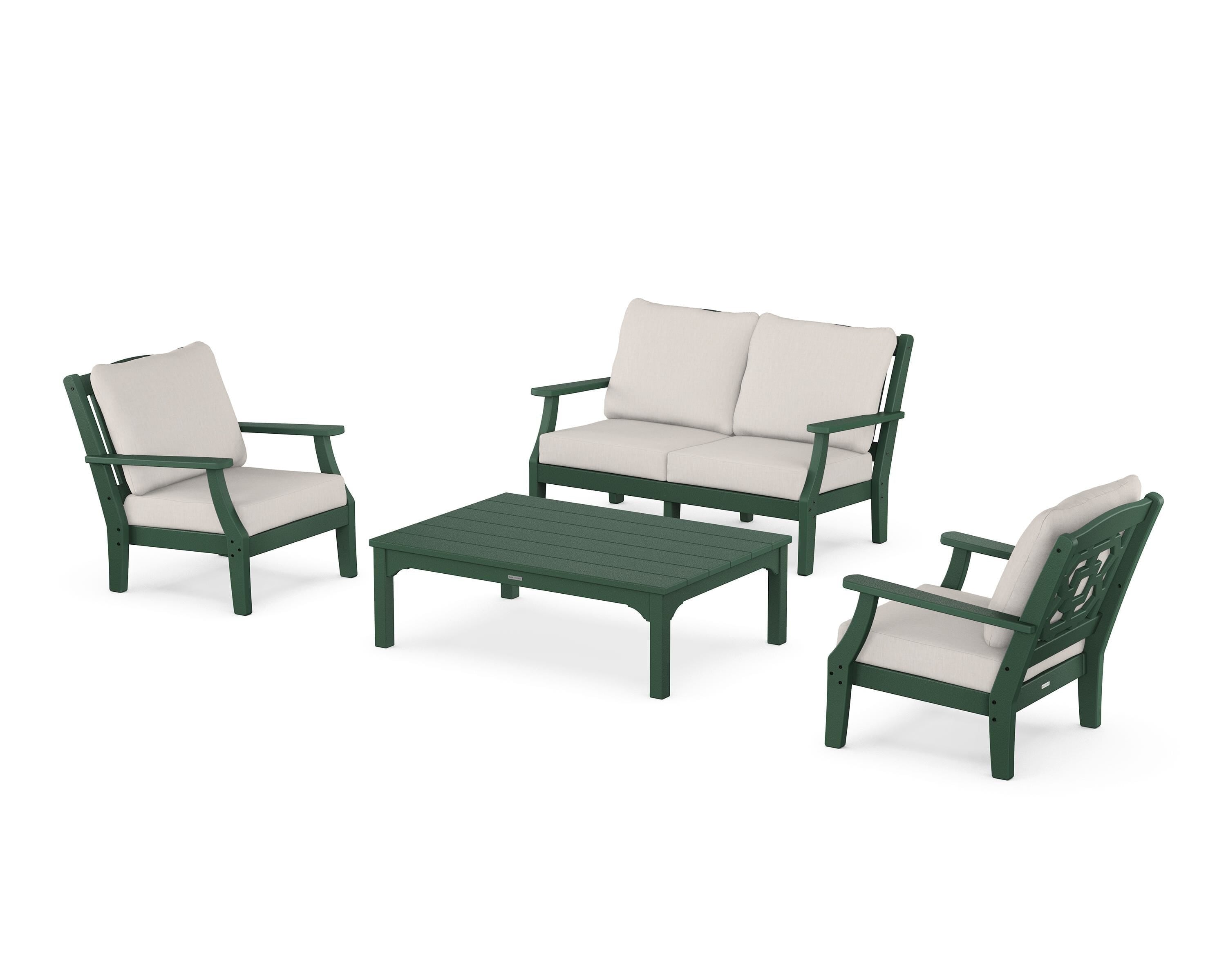 Martha Stewart by POLYWOOD Chinoiserie 4-Piece Deep Seating Set with Loveseat in Green / Cast Ash