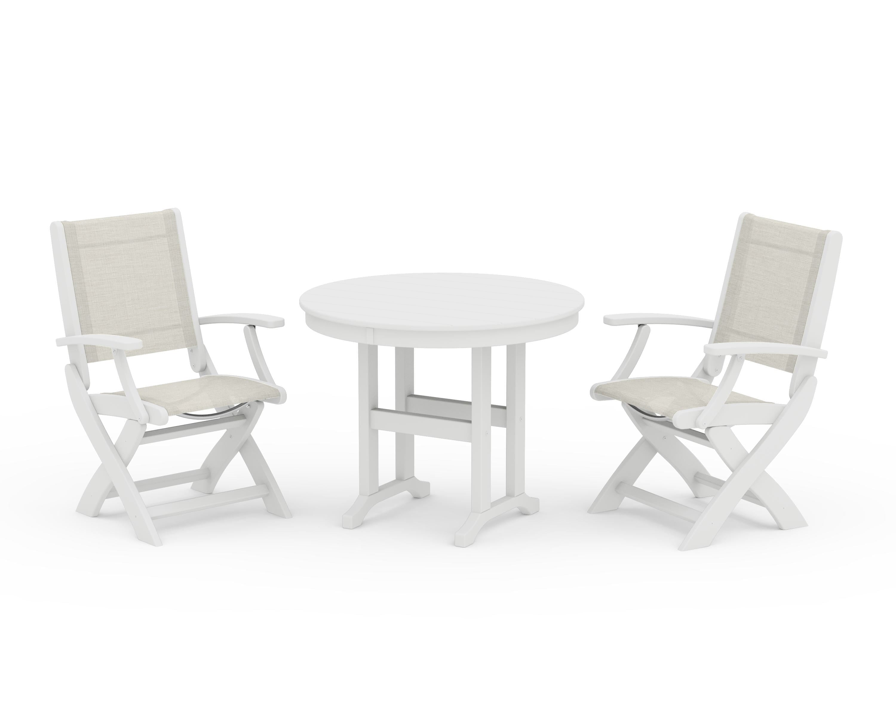 POLYWOOD Coastal Folding Chair 3-Piece Round Dining Set in White / Parchment Sling