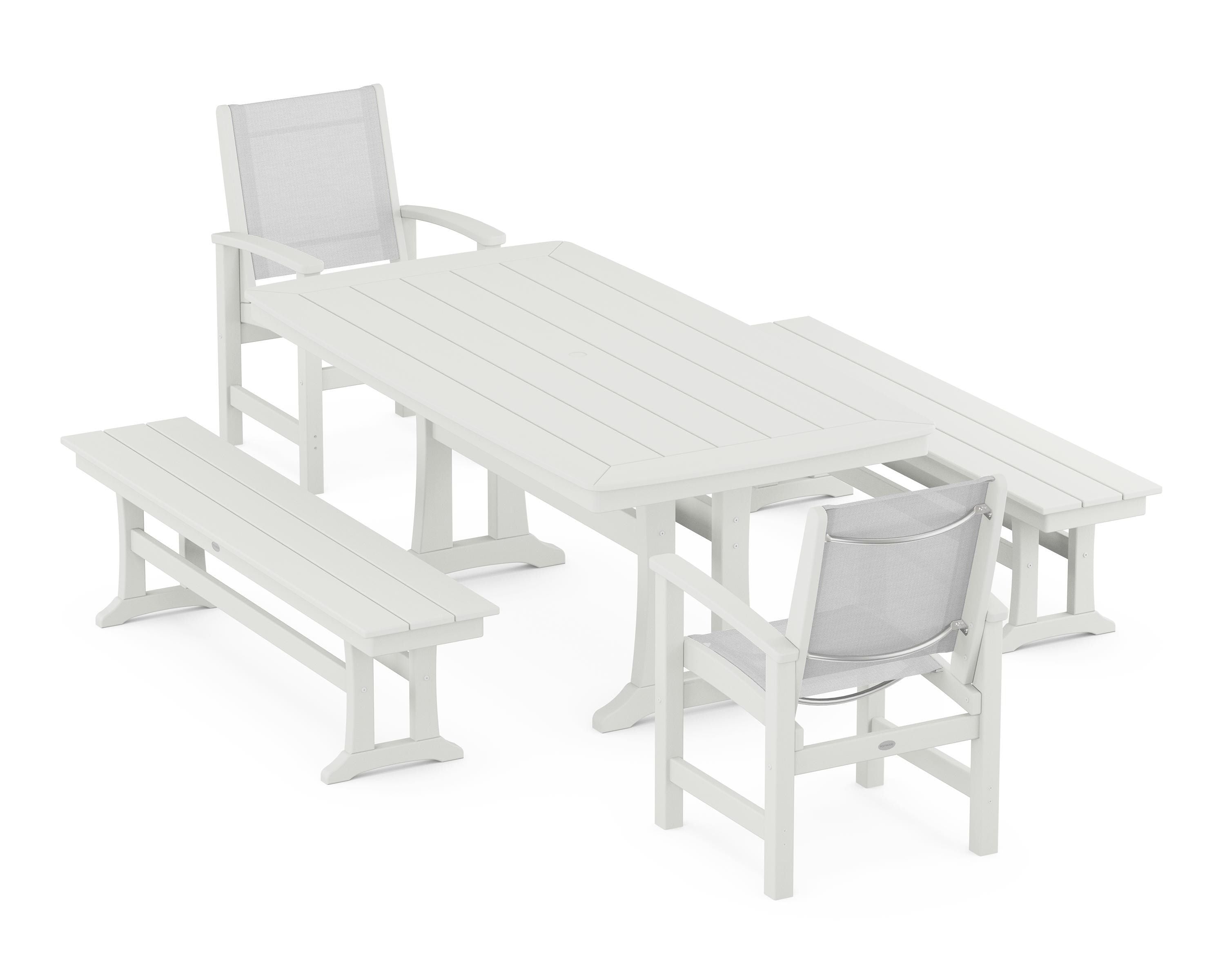 POLYWOOD Coastal 5-Piece Dining Set with Trestle Legs and Benches in Vintage White / White Sling