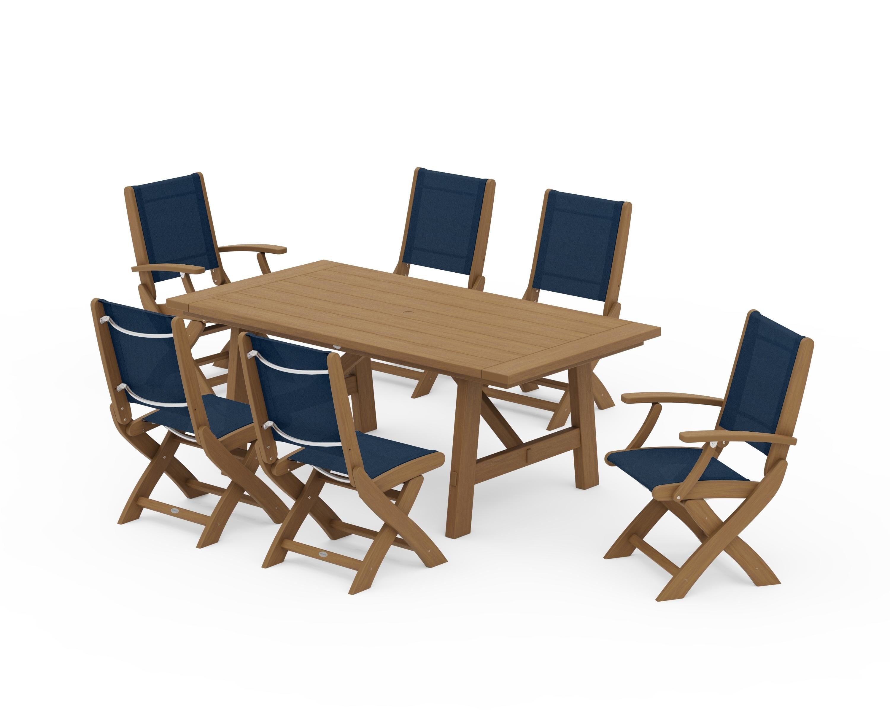 POLYWOOD Coastal Folding Chair 7-Piece Rustic Farmhouse Dining Set in Natural / Navy Blue Sling