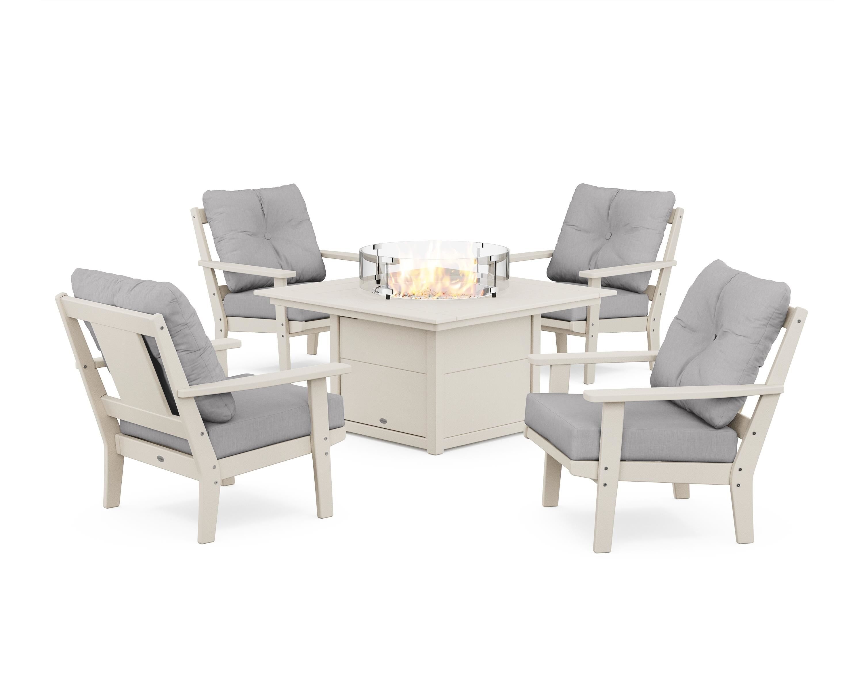 POLYWOOD Prairie 5-Piece Deep Seating Set with Fire Pit Table in Sand / Granite