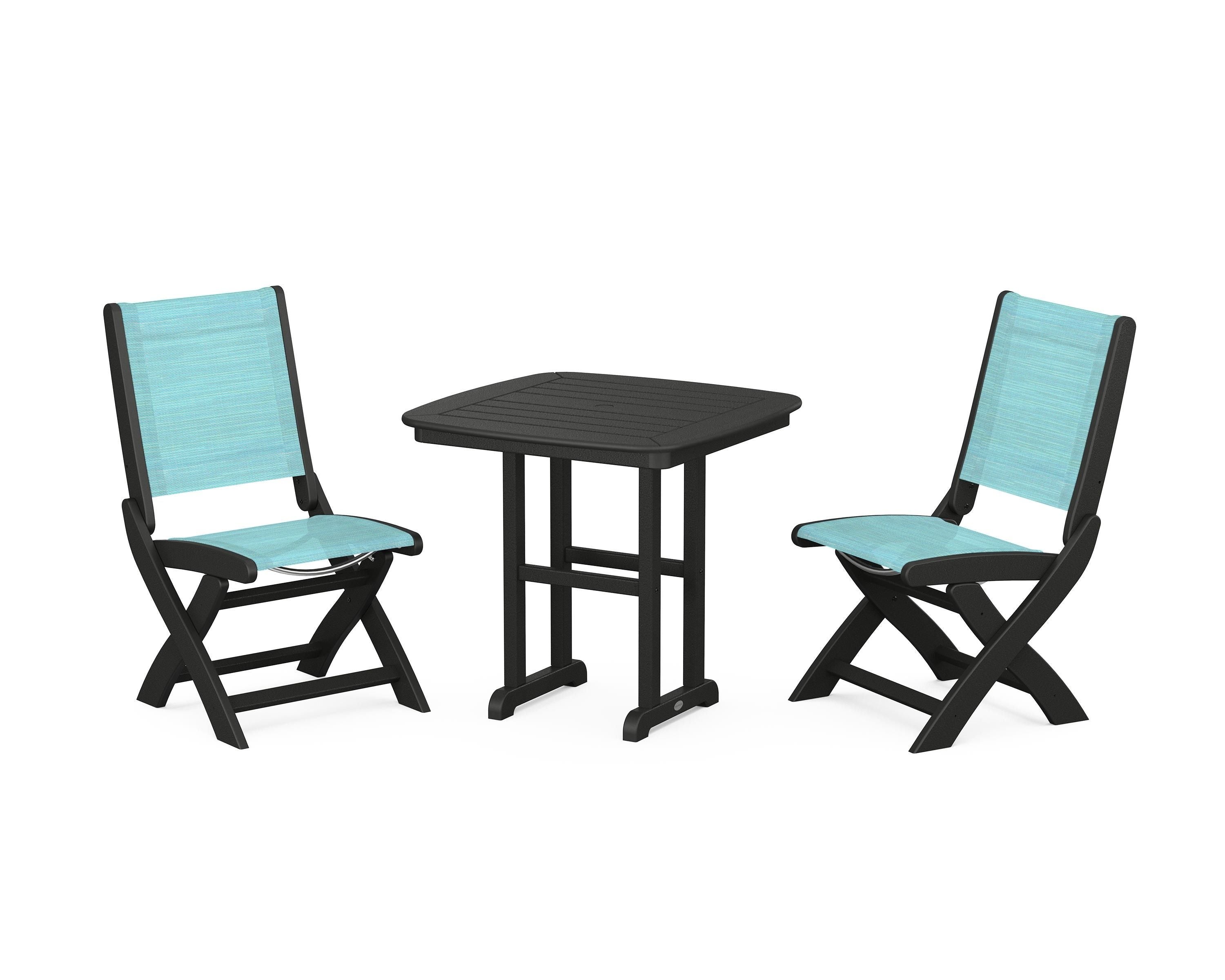 POLYWOOD Coastal Folding Side Chair 3-Piece Dining Set in Black / Dupioni Aquamarine Sling