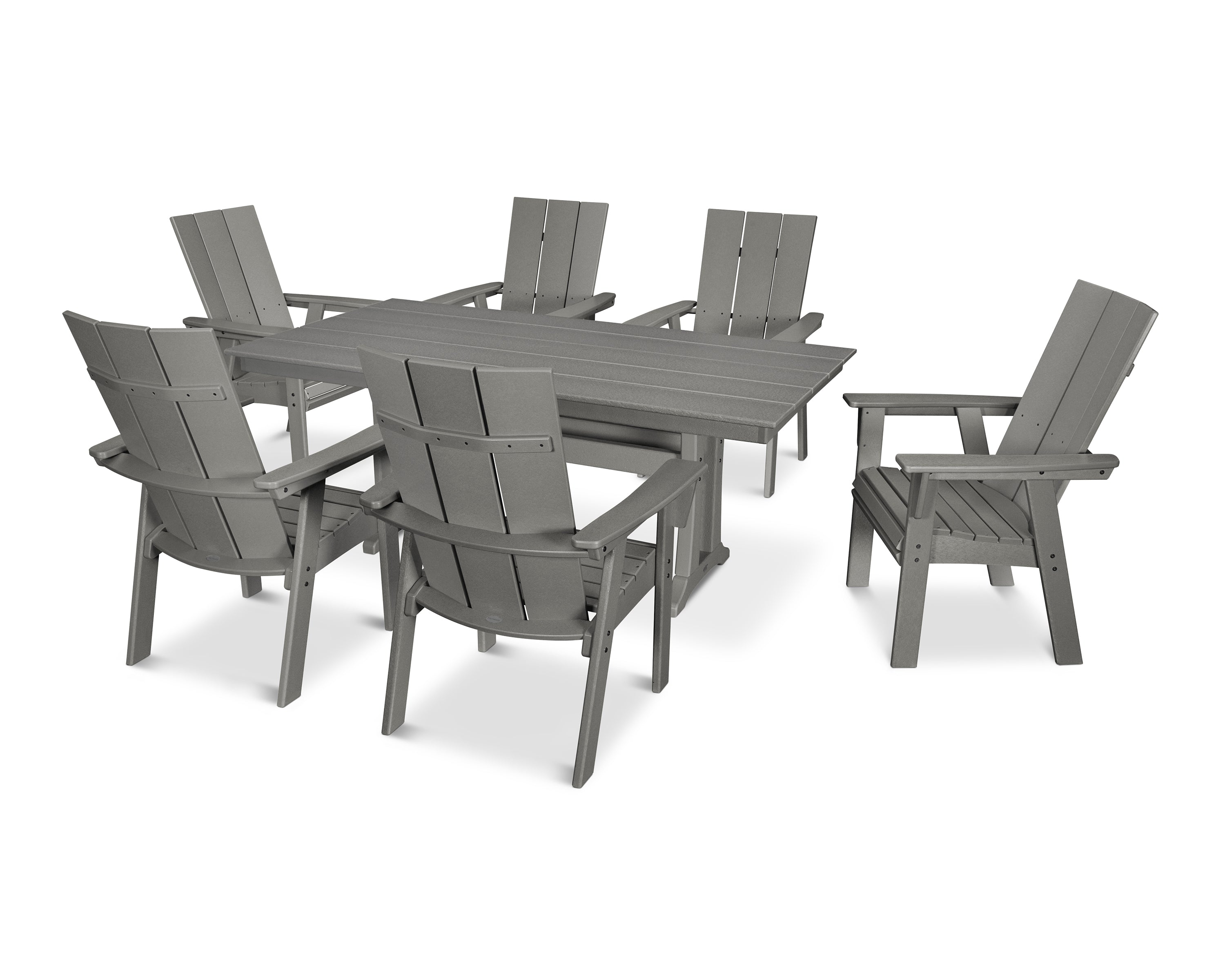 POLYWOOD® Modern Curveback Adirondack 7-Piece Farmhouse Dining Set with Trestle Legs in Slate Grey