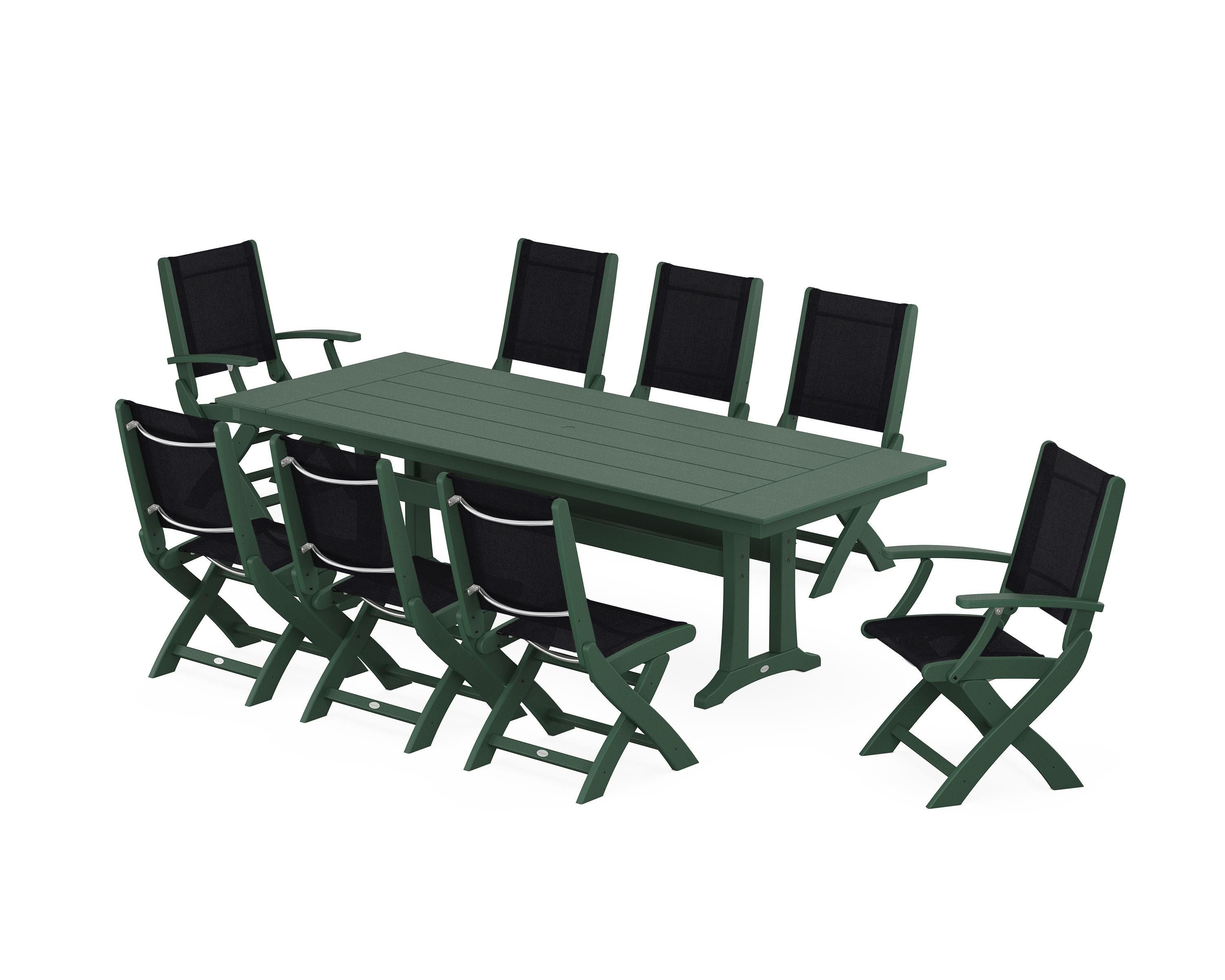 POLYWOOD Coastal 9-Piece Folding Dining Chair Farmhouse Dining Set with Trestle Legs in Green / Black Sling