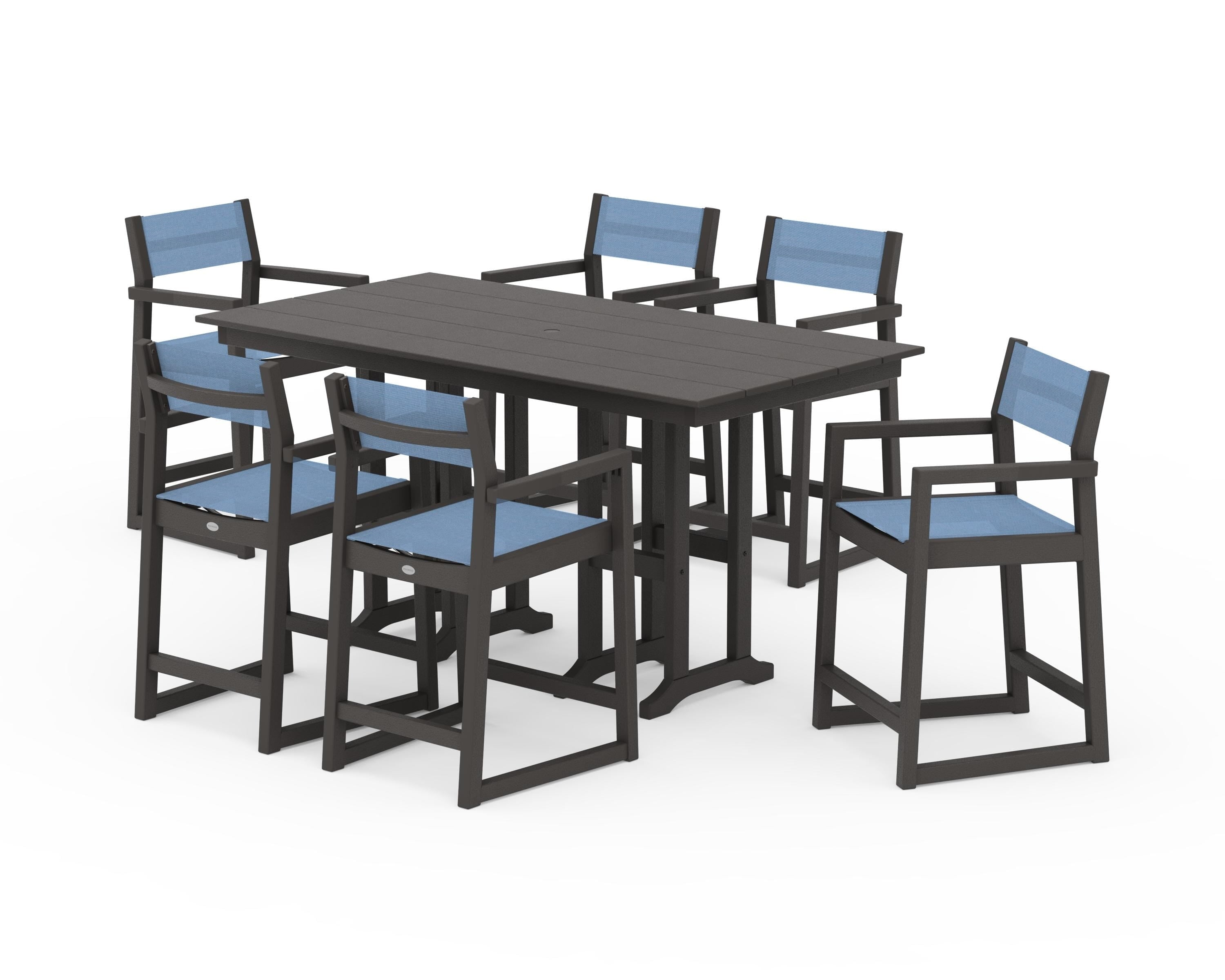 POLYWOOD EDGE Sling Arm Chair 7-Piece Farmhouse Counter Set in Vintage Coffee / Poolside Sling