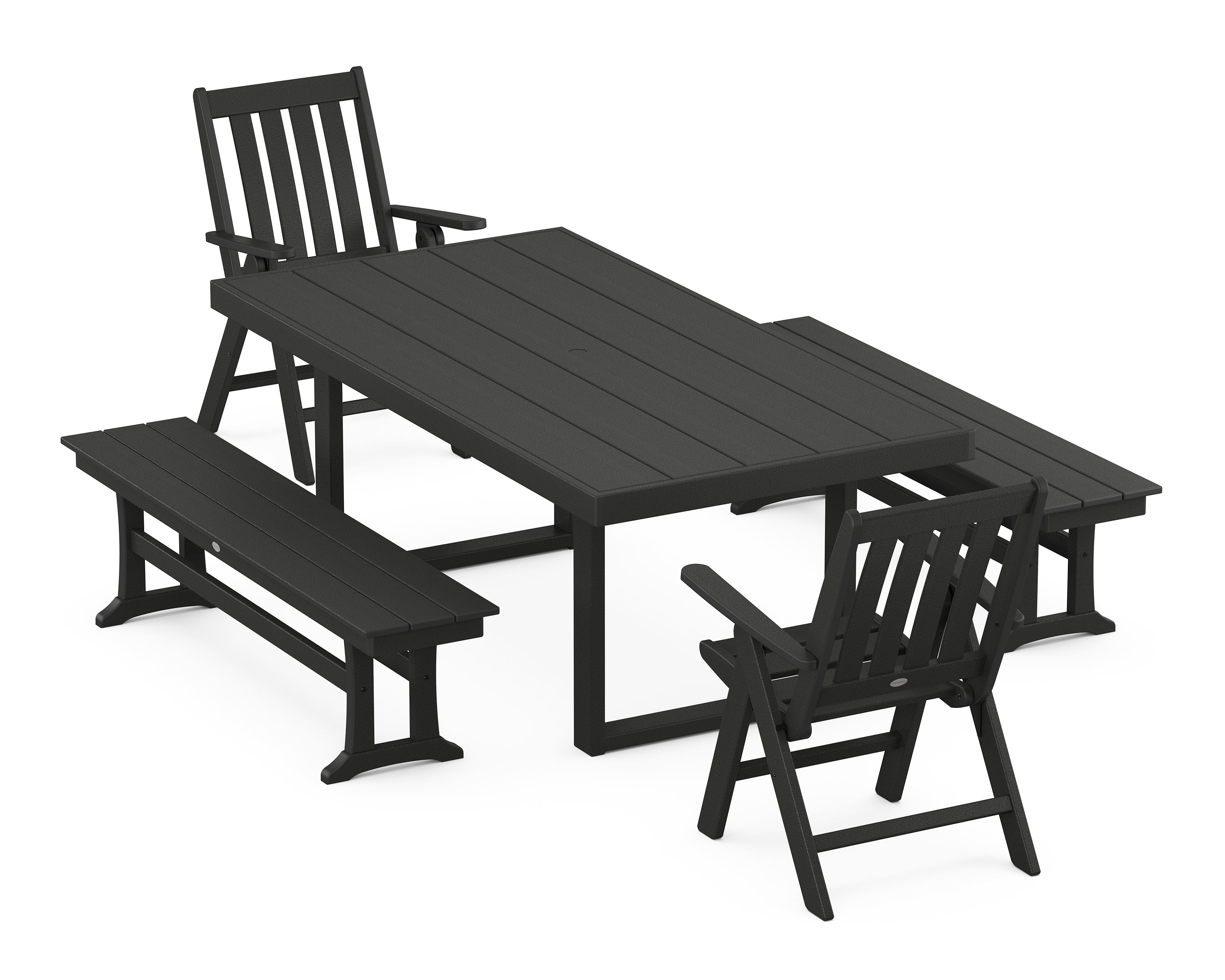 POLYWOOD® Vineyard Folding Chair 5-Piece Dining Set with Benches in Black