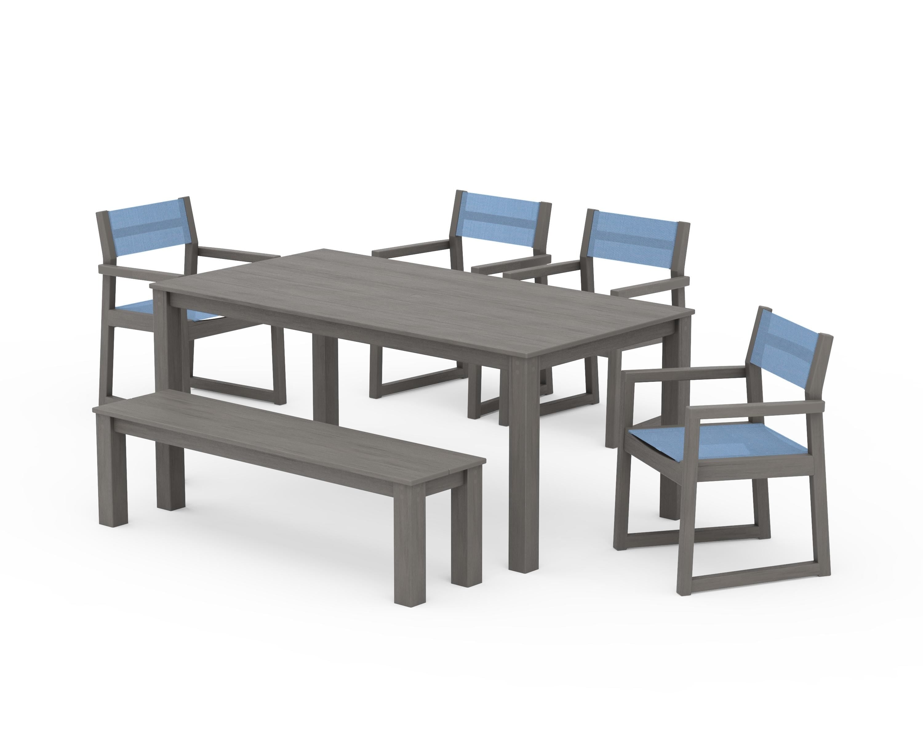 POLYWOOD EDGE Sling Arm Chair 6-Piece Parsons Dining Set with Bench in Driftwood / Poolside Sling