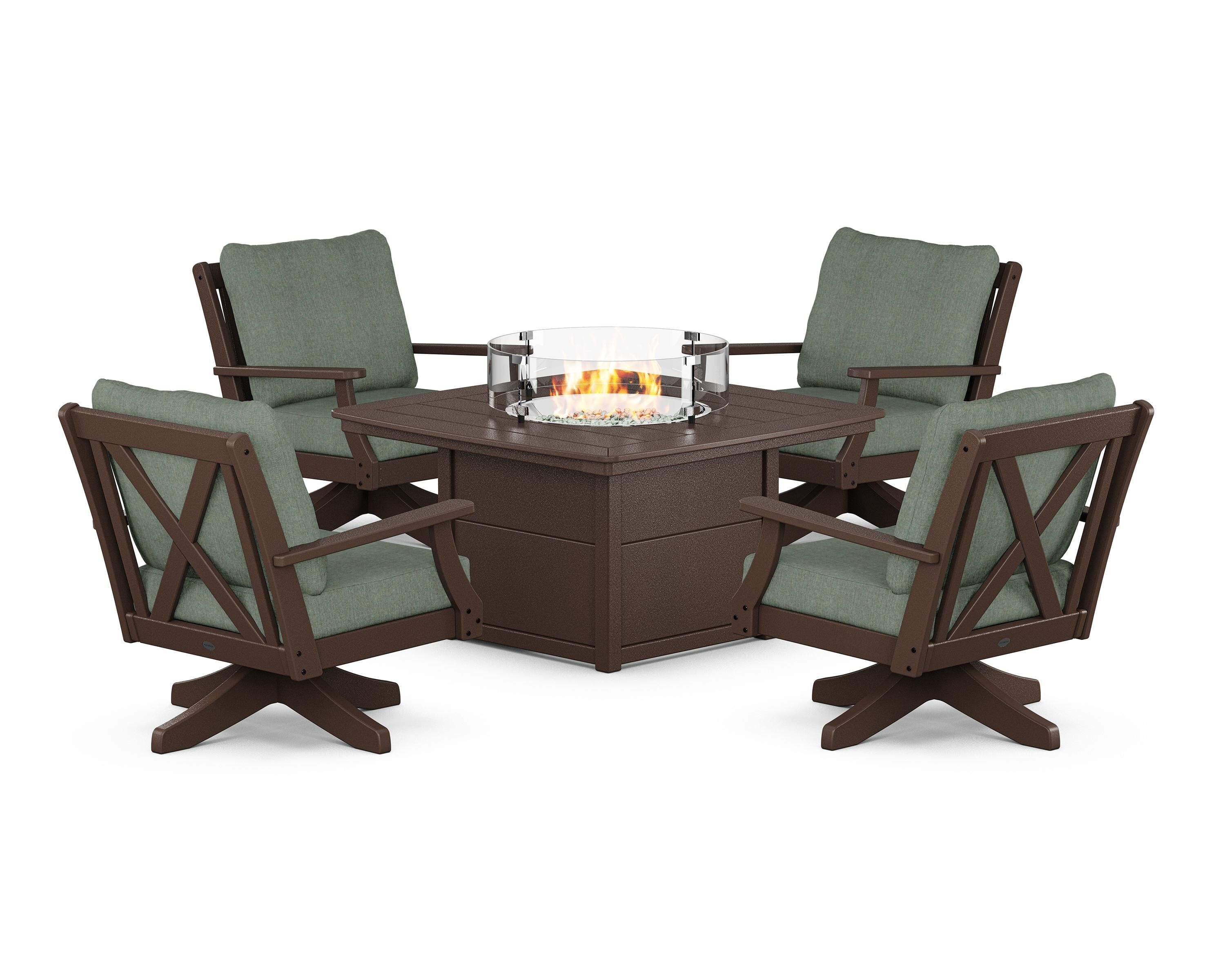 POLYWOOD Braxton 5-Piece Deep Seating Swivel Conversation Set with Fire Pit Table in Mahogany / Cast Sage