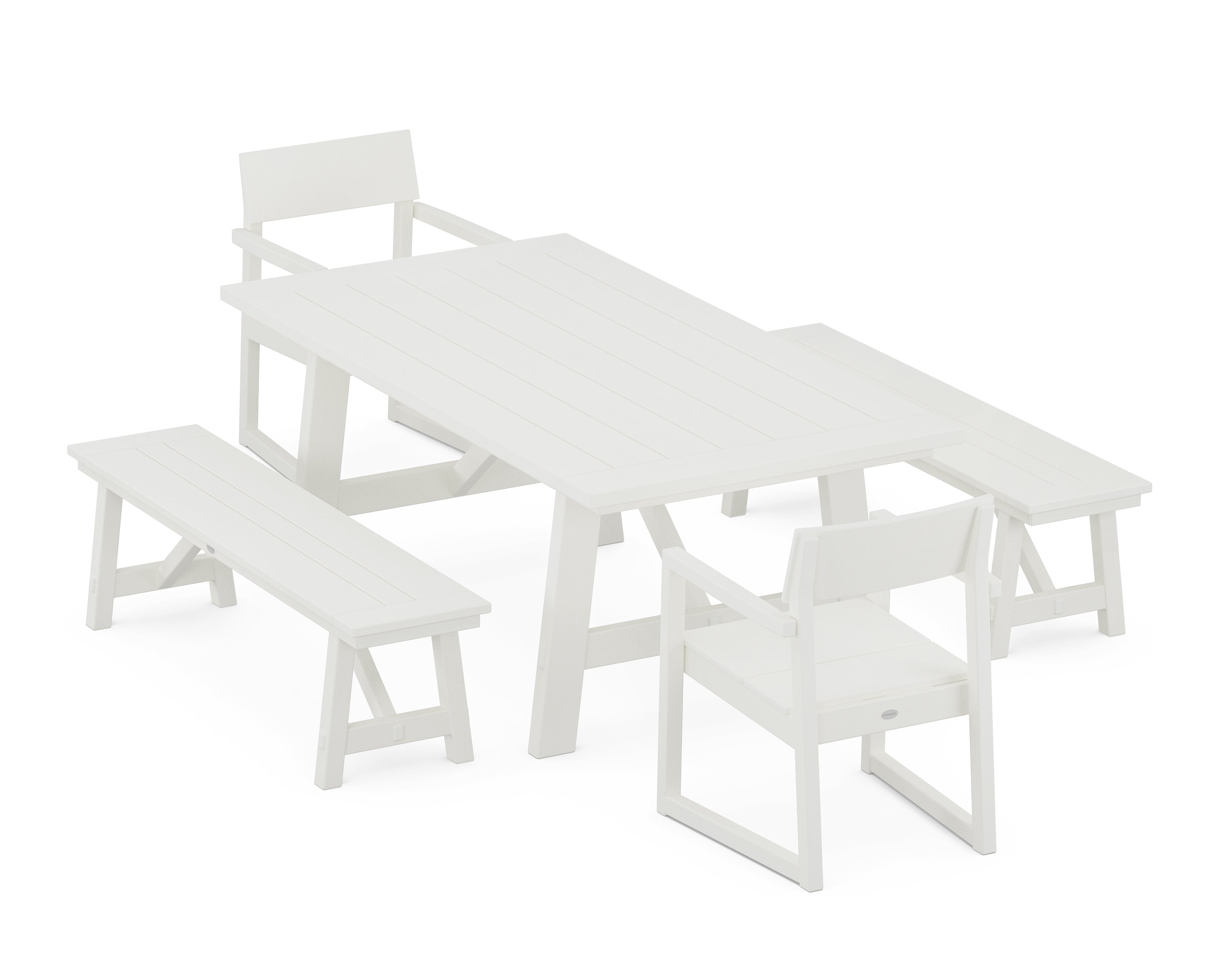 POLYWOOD® EDGE 5-Piece Rustic Farmhouse Dining Set With Benches in Vintage White