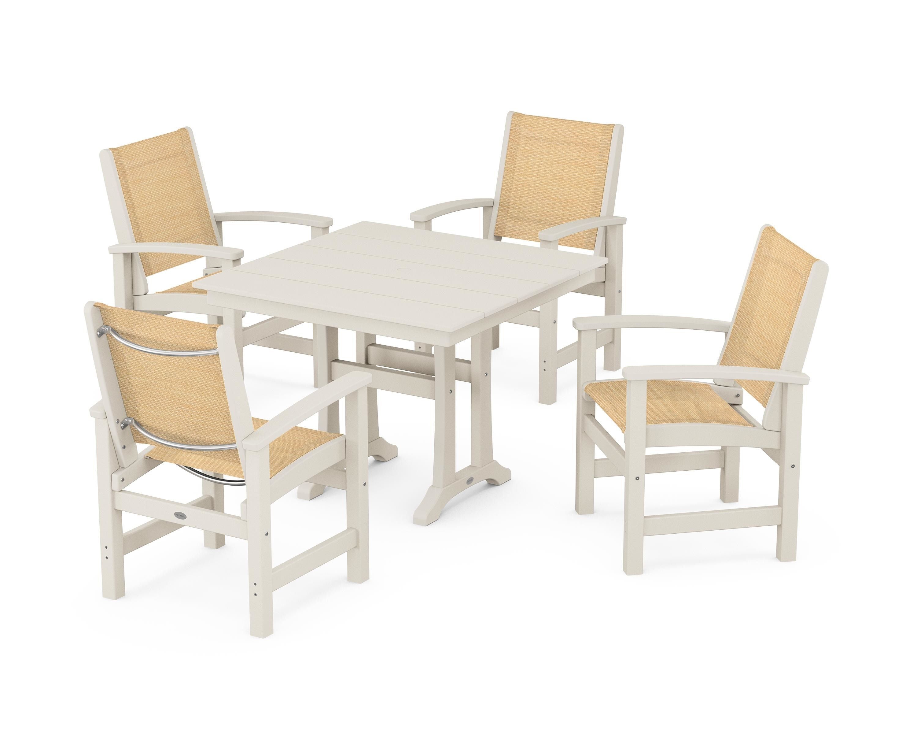 POLYWOOD Coastal 5-Piece Farmhouse Dining Set With Trestle Legs in Sand / Dupioni Apricot Sling