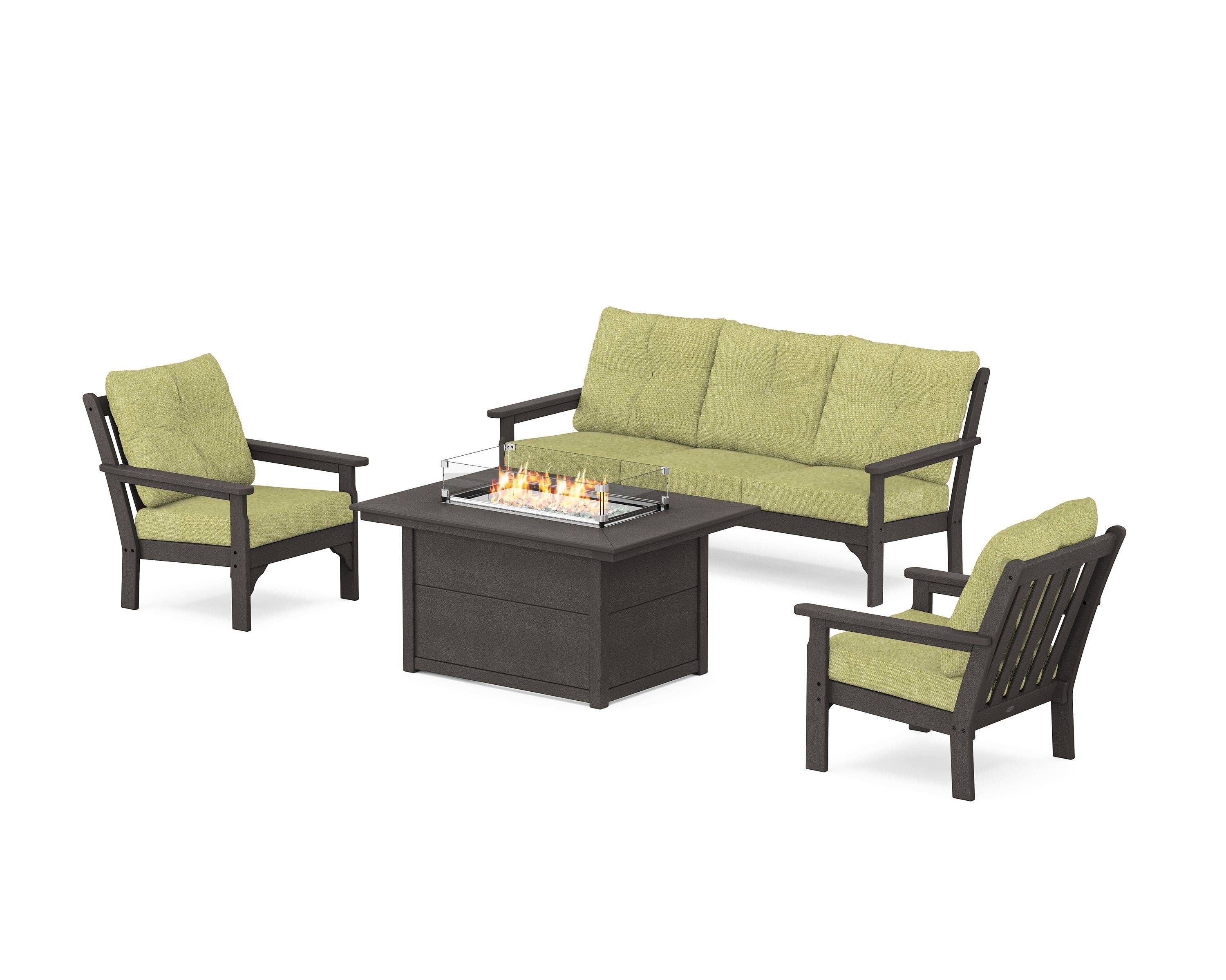 POLYWOOD Vineyard Deep Seating Fire Pit Table Set in Vintage Coffee / Chartreuse Boucle