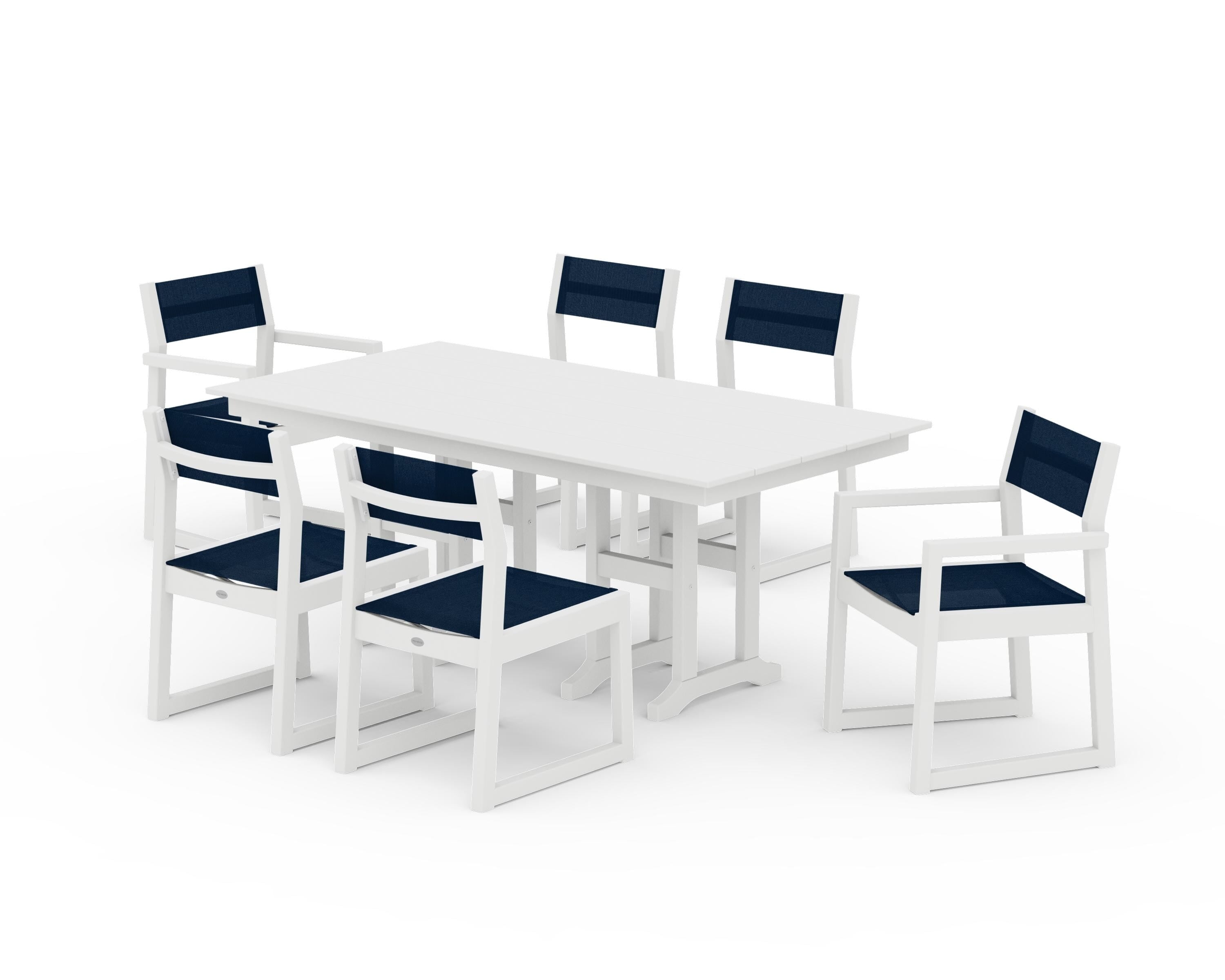 POLYWOOD EDGE Sling 7-Piece Farmhouse Dining Set in White / Navy Blue Sling