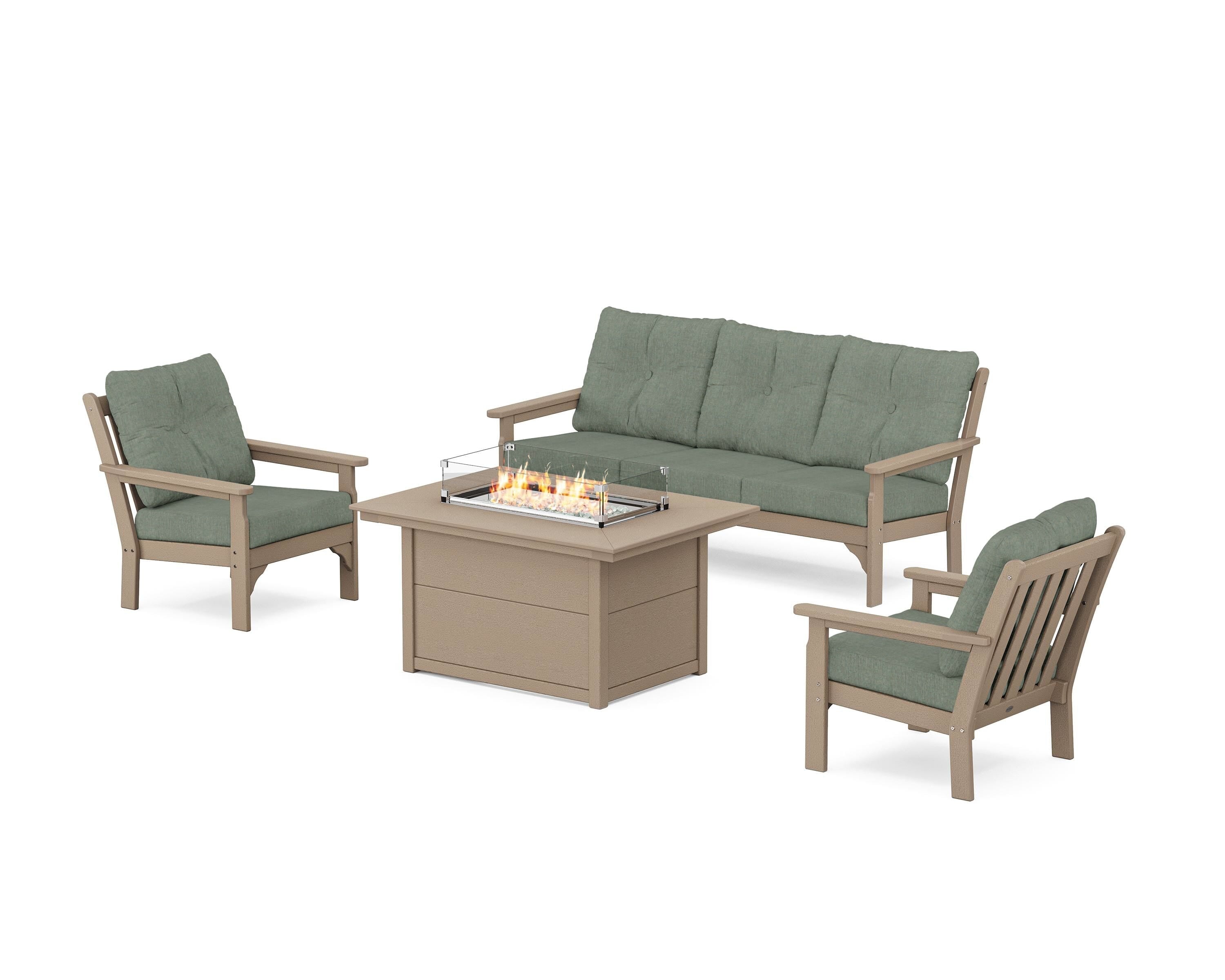 POLYWOOD Vineyard Deep Seating Fire Pit Table Set in Vintage Sahara / Cast Sage