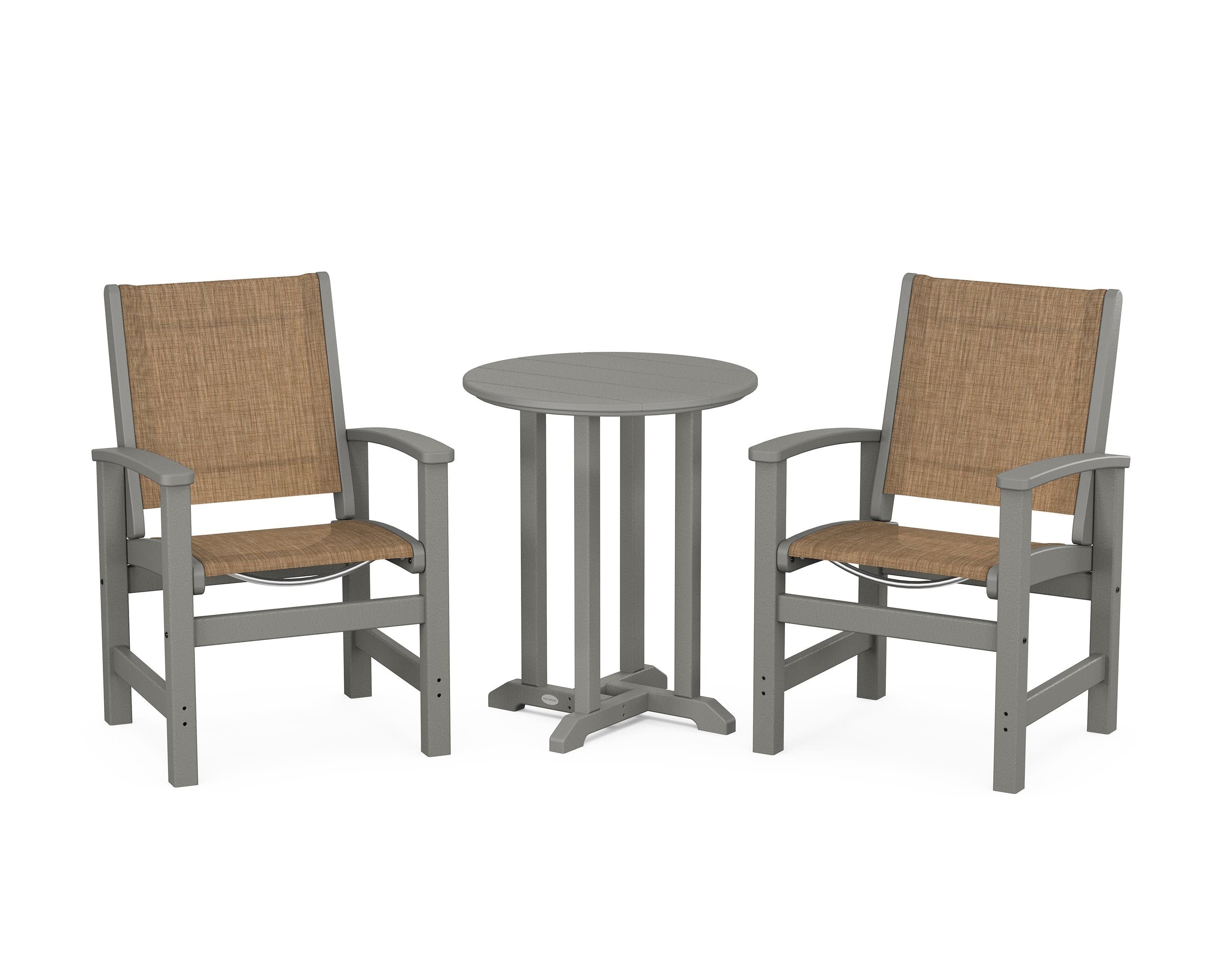POLYWOOD Coastal 3-Piece Round Bistro Dining Set in Slate Grey / Burlap Sling