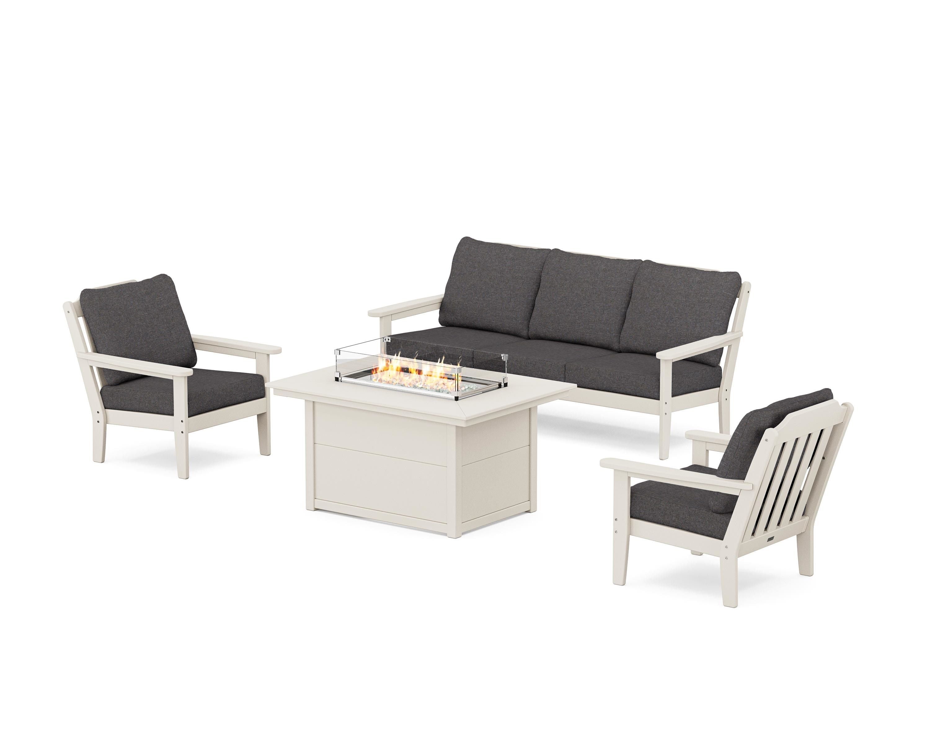 Country Living Cottage Deep Seating Fire Pit Table Set in Sand / Ash Charcoal
