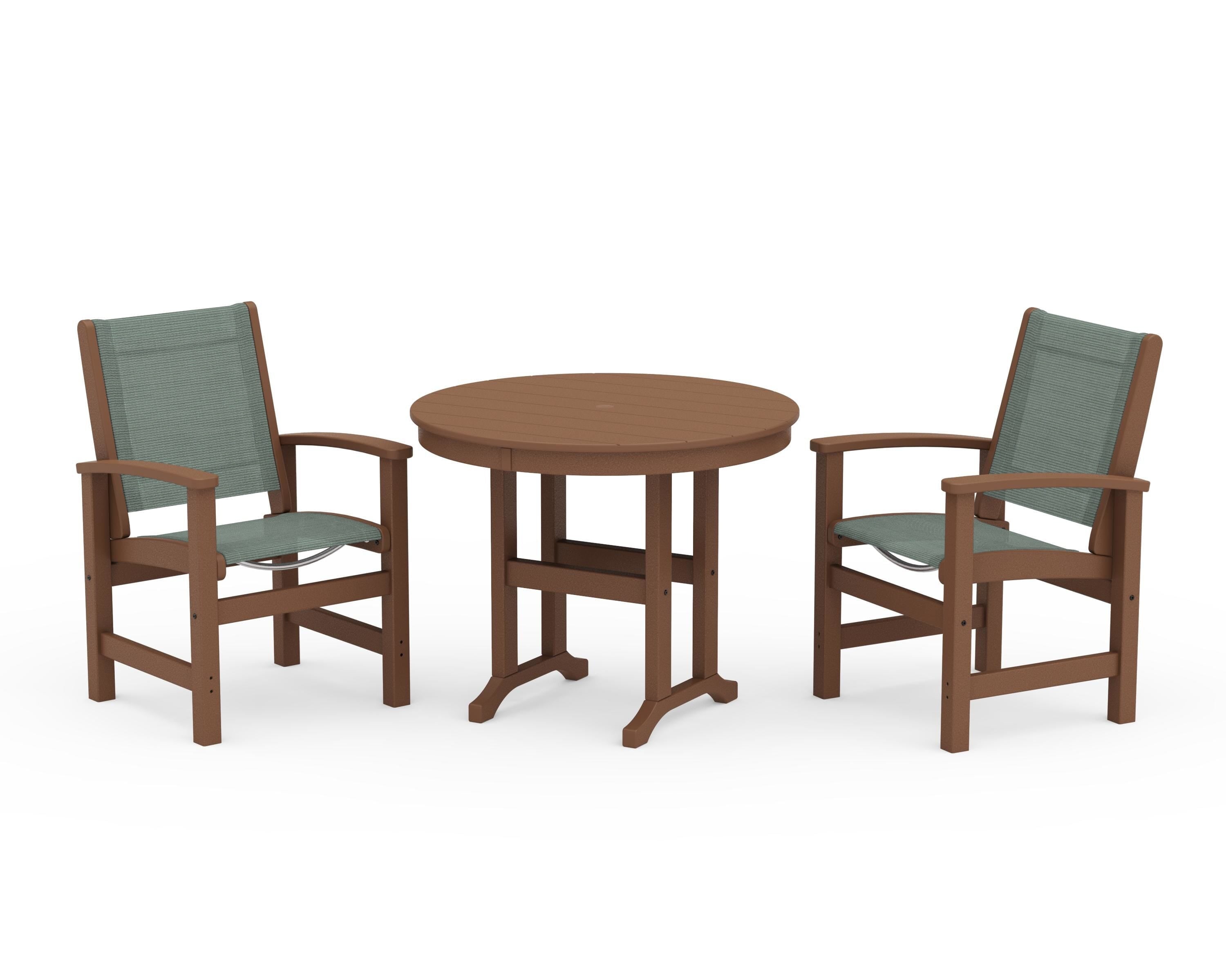 POLYWOOD Coastal 3-Piece Round Dining Set in Teak / Dupioni Sea Mist Sling