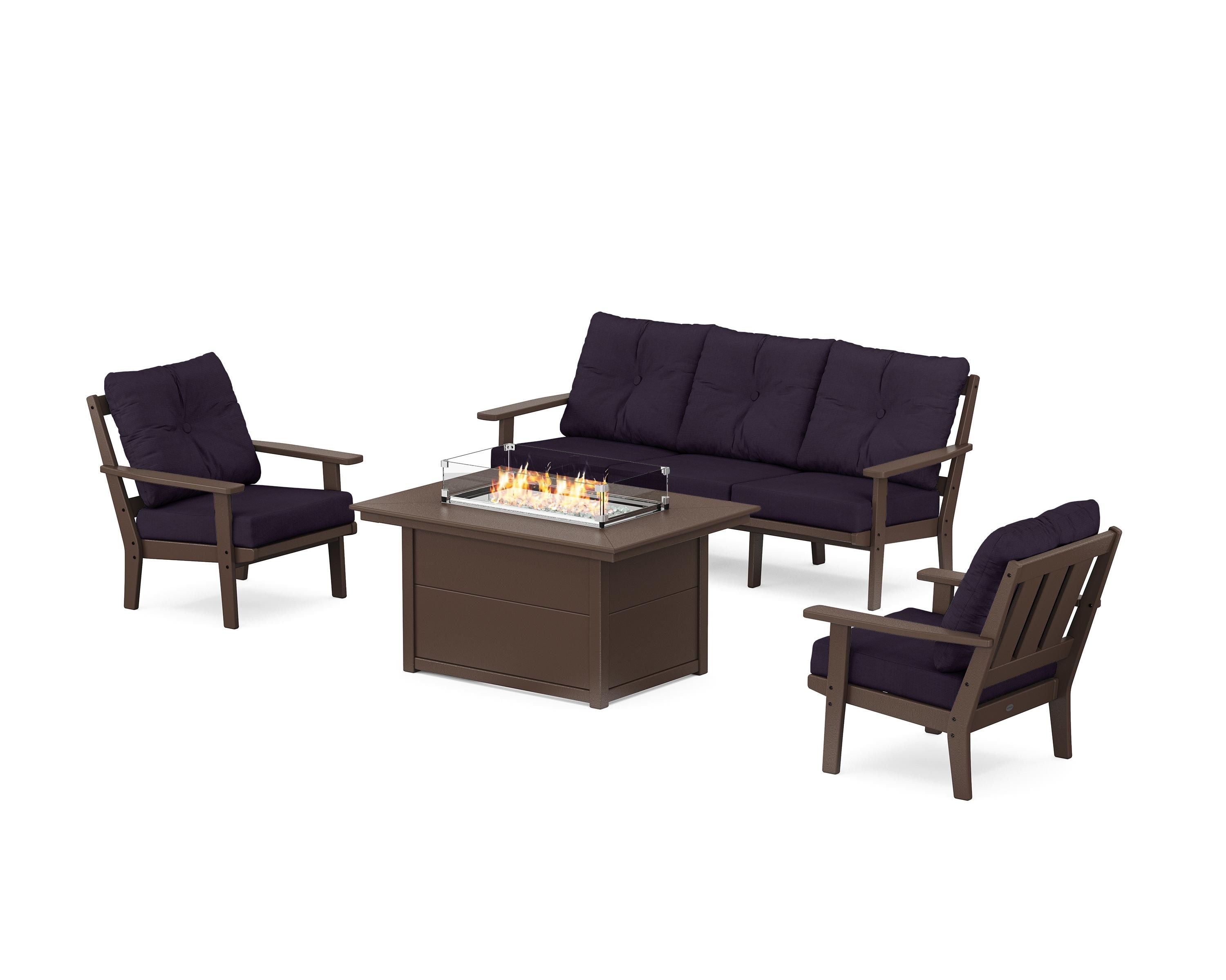 POLYWOOD Oxford Deep Seating Fire Pit Table Set in Mahogany / Navy Linen