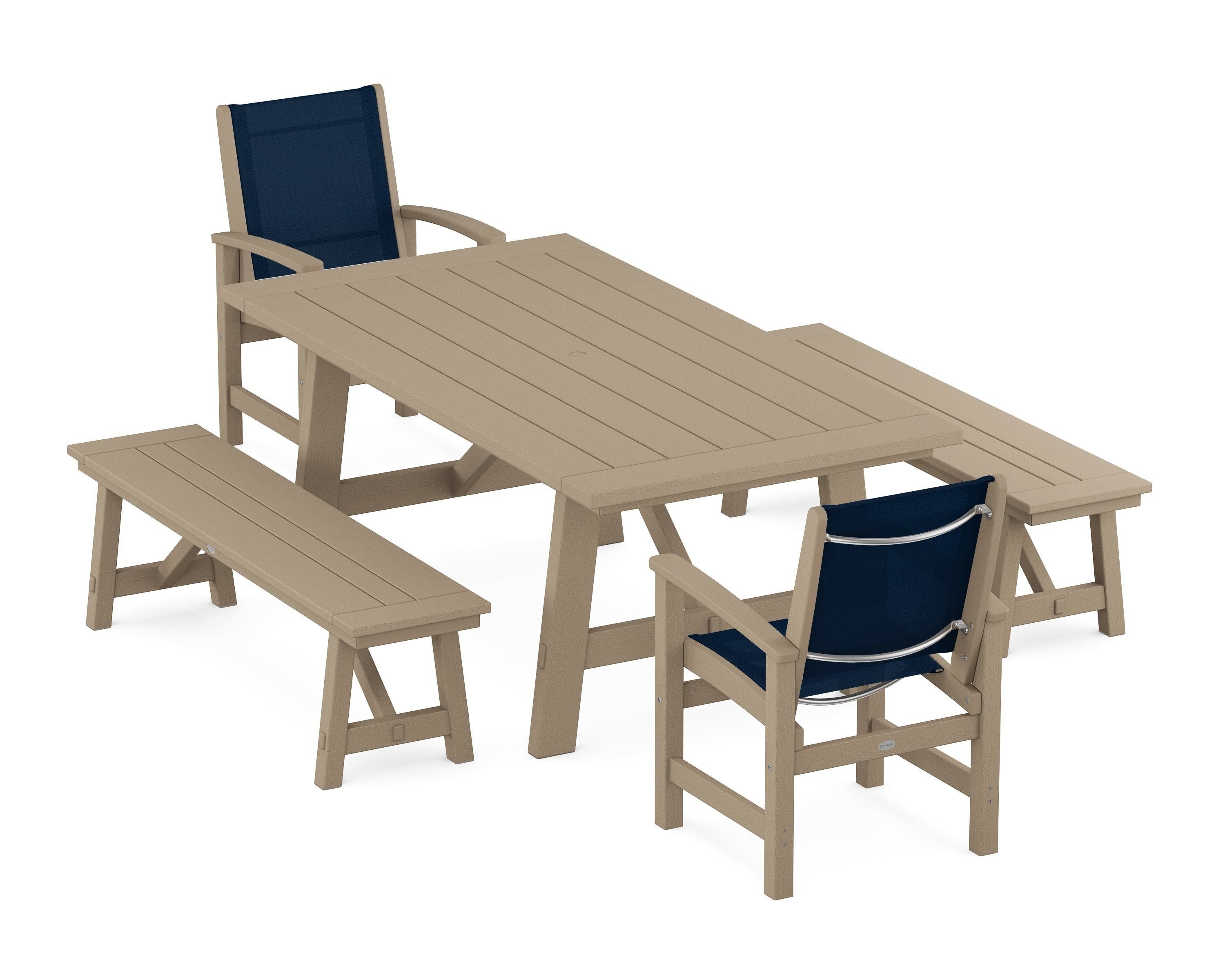 POLYWOOD Coastal 5-Piece Rustic Farmhouse Dining Set With Benches in Vintage Sahara / Navy Blue Sling