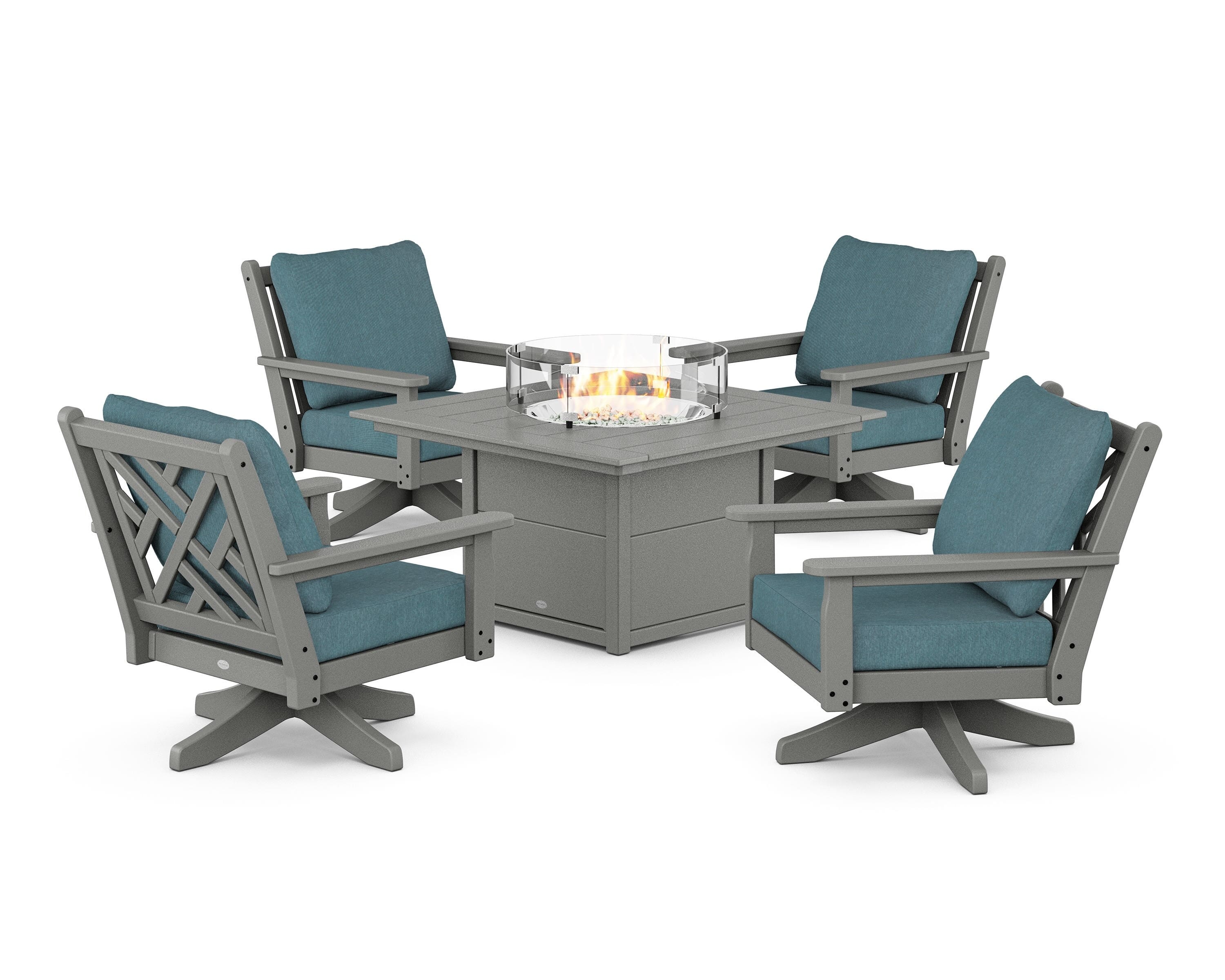 POLYWOOD Chippendale 5-Piece Deep Seating Swivel Conversation Set with Fire Pit Table in Slate Grey / Ocean Teal
