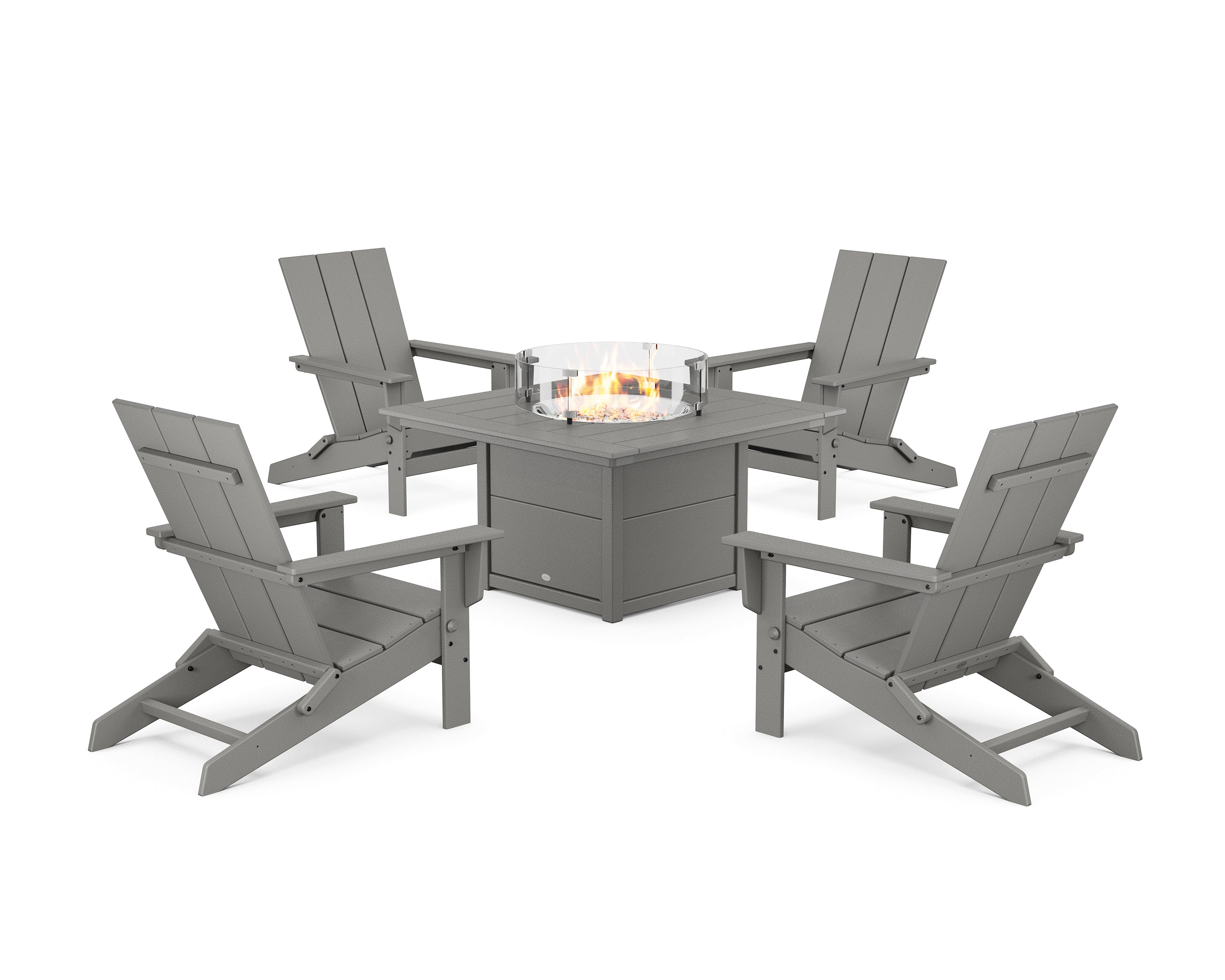 POLYWOOD® 5-Piece Modern Studio Folding Adirondack Conversation Set with Fire Pit Table in Slate Grey