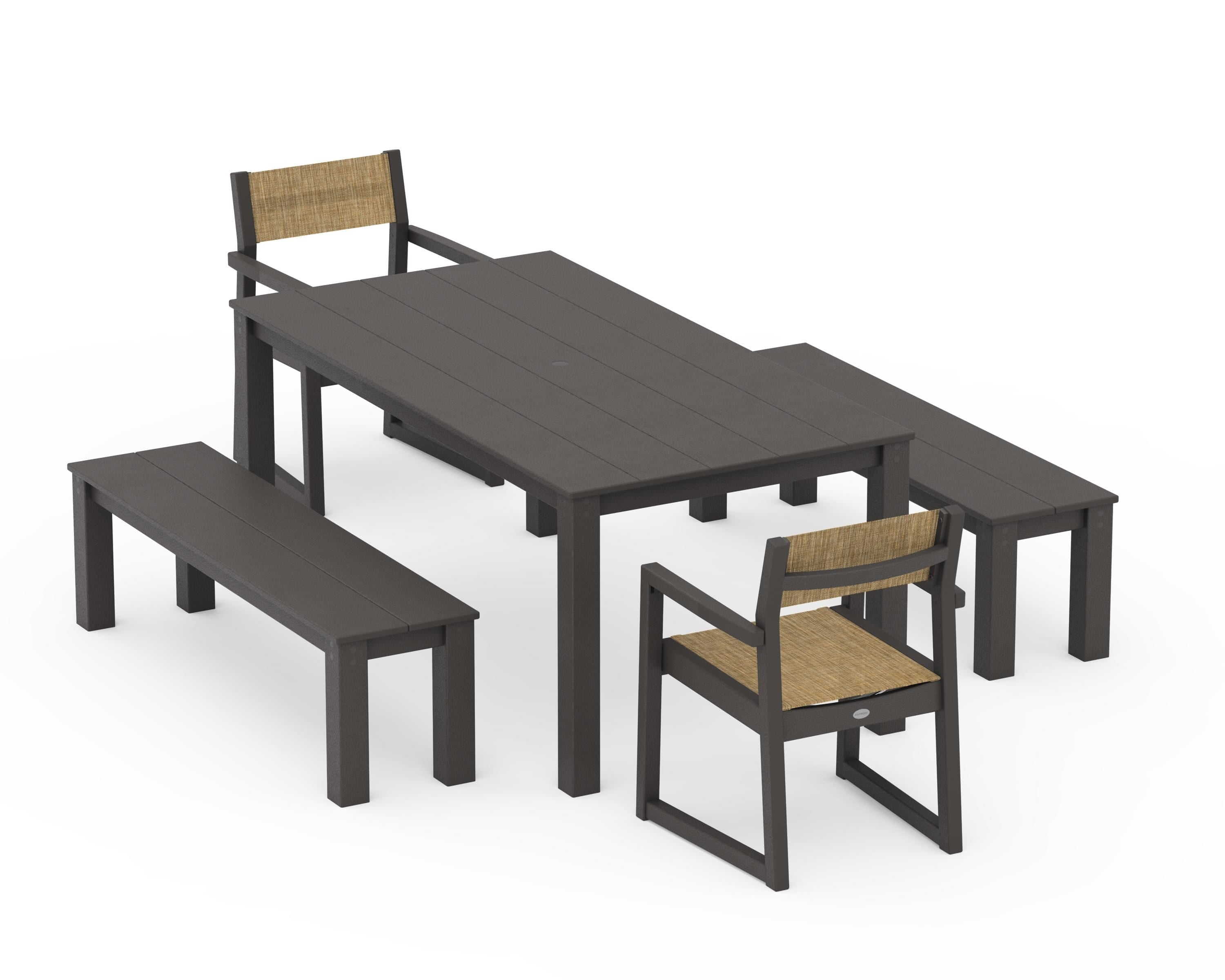 POLYWOOD EDGE Sling Arm Chair 5-Piece Parsons Dining Set with Benches in Vintage Coffee / Burlap Sling