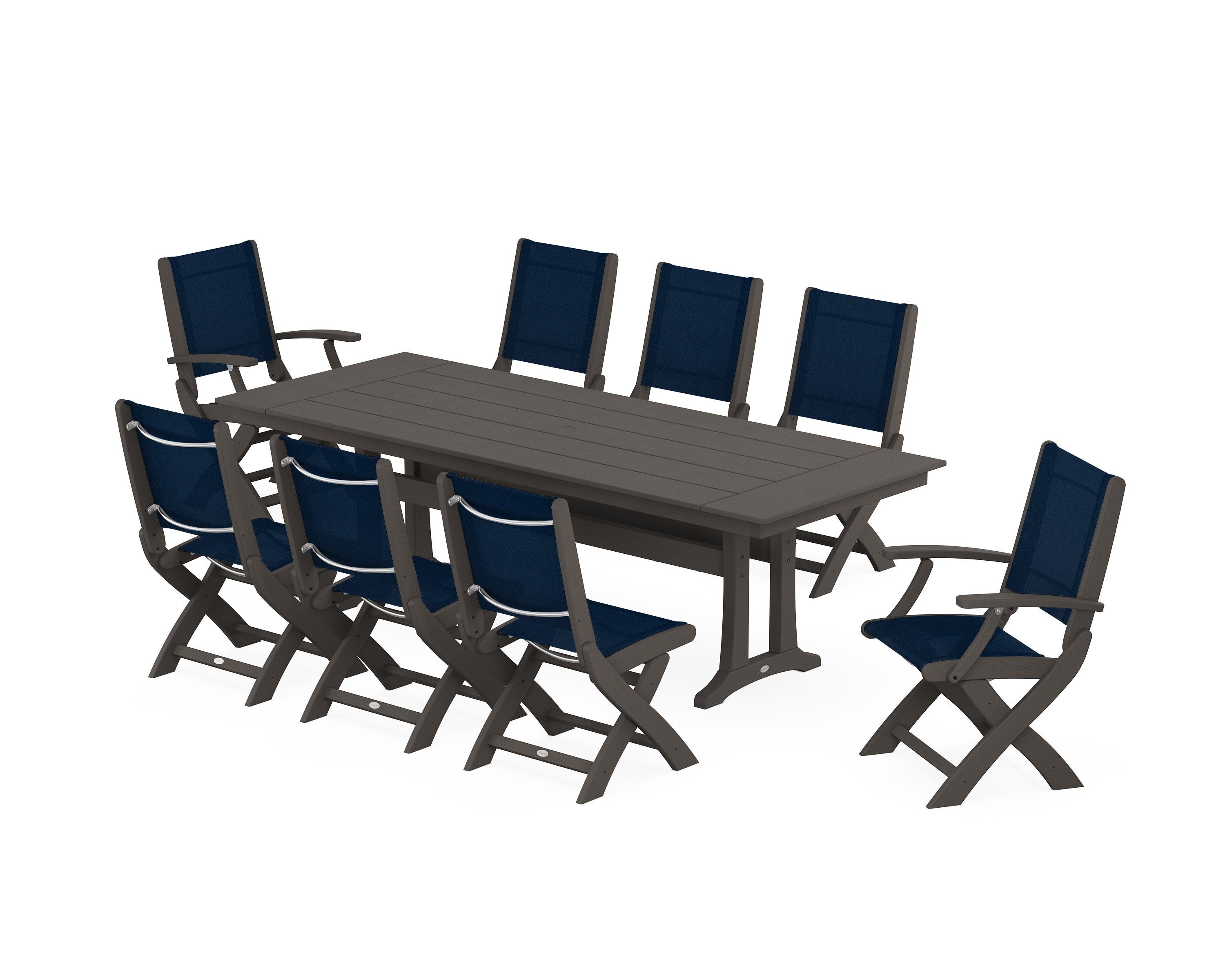 POLYWOOD Coastal 9-Piece Folding Dining Chair Farmhouse Dining Set with Trestle Legs in Vintage Coffee / Navy Blue Sling