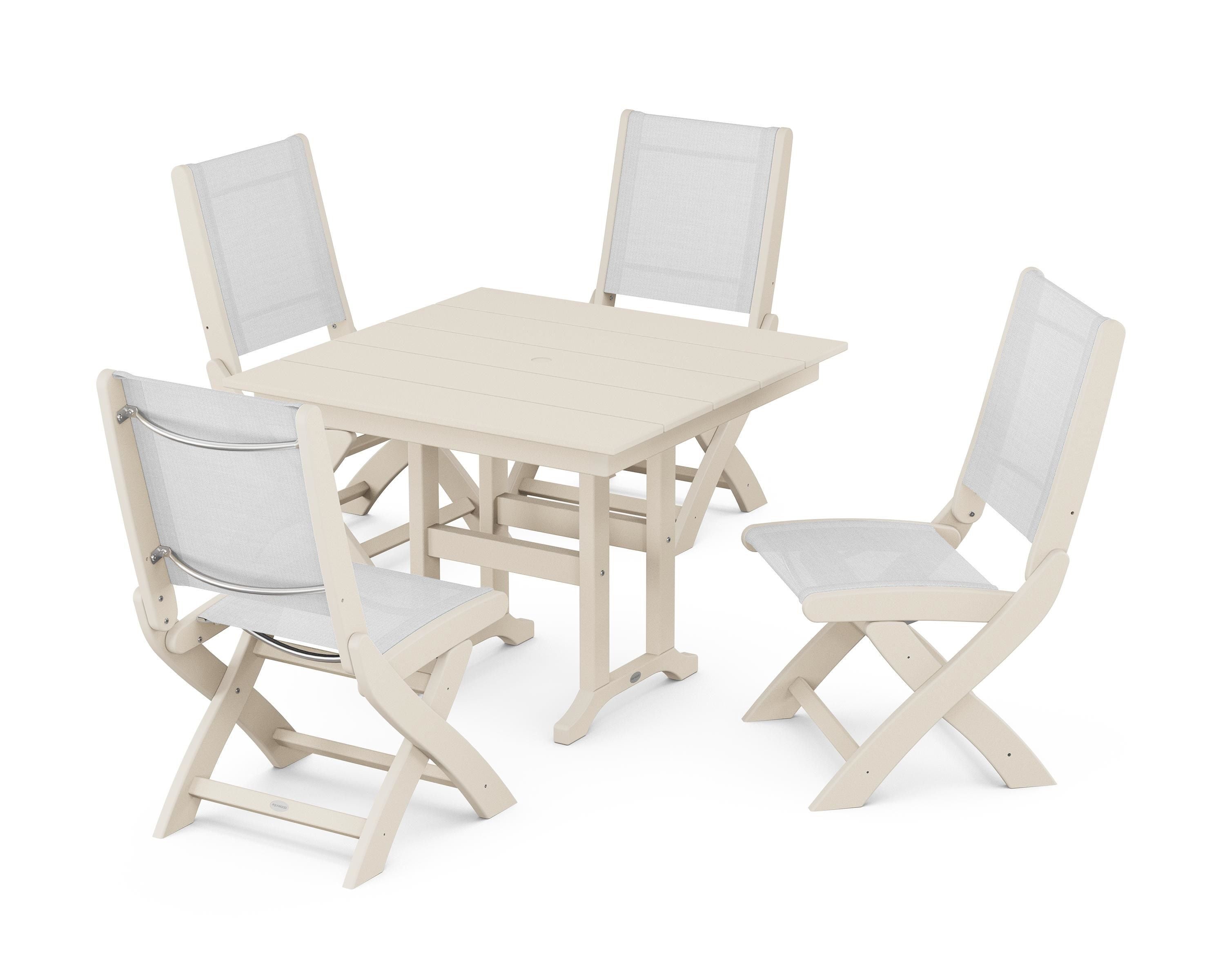 POLYWOOD Coastal Folding Side Chair 5-Piece Farmhouse Dining Set in Sand / White Sling