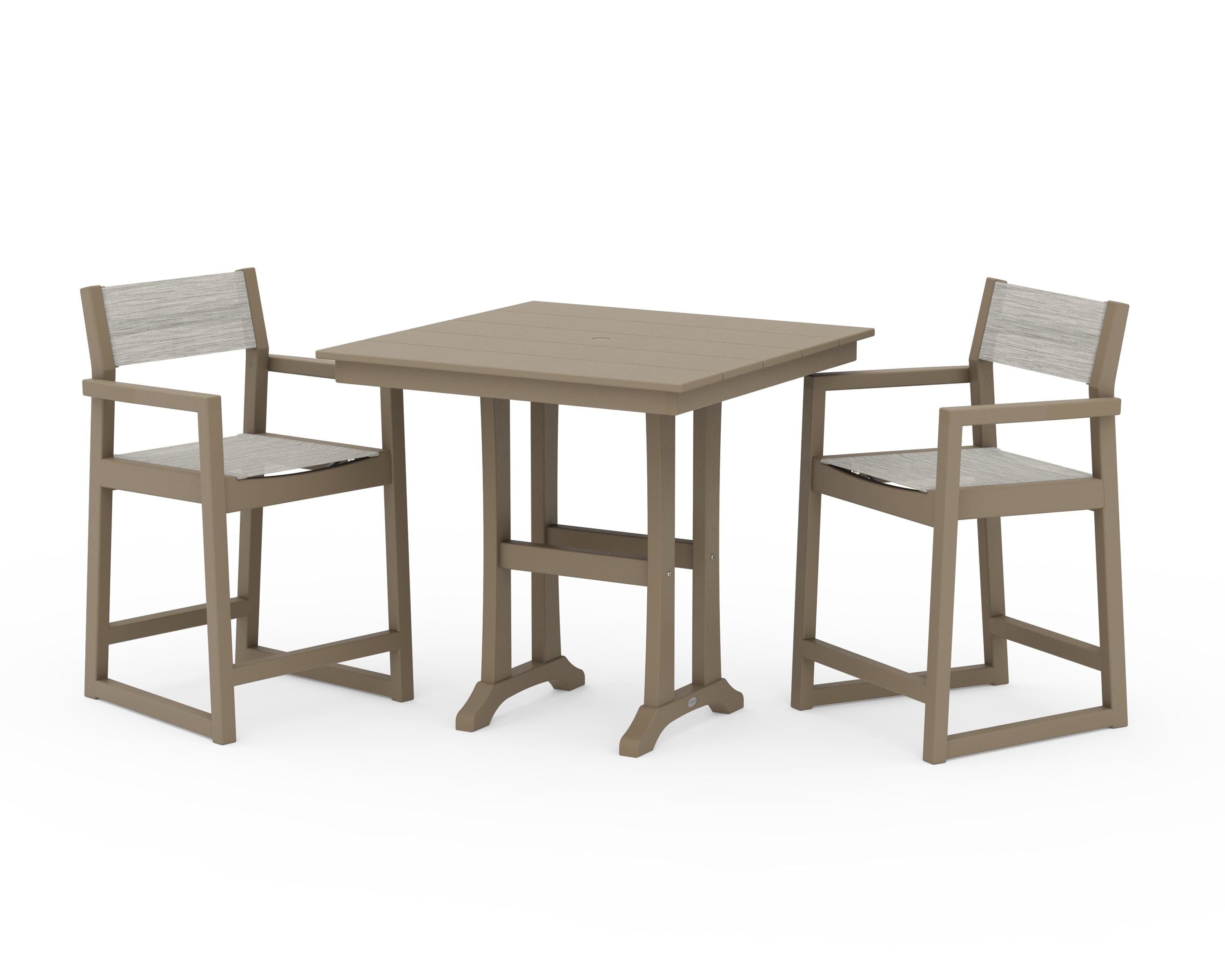 POLYWOOD EDGE Sling Arm Chair 3-Piece Farmhouse Counter Set with Trestle Legs in Vintage Sahara / Birch Sling