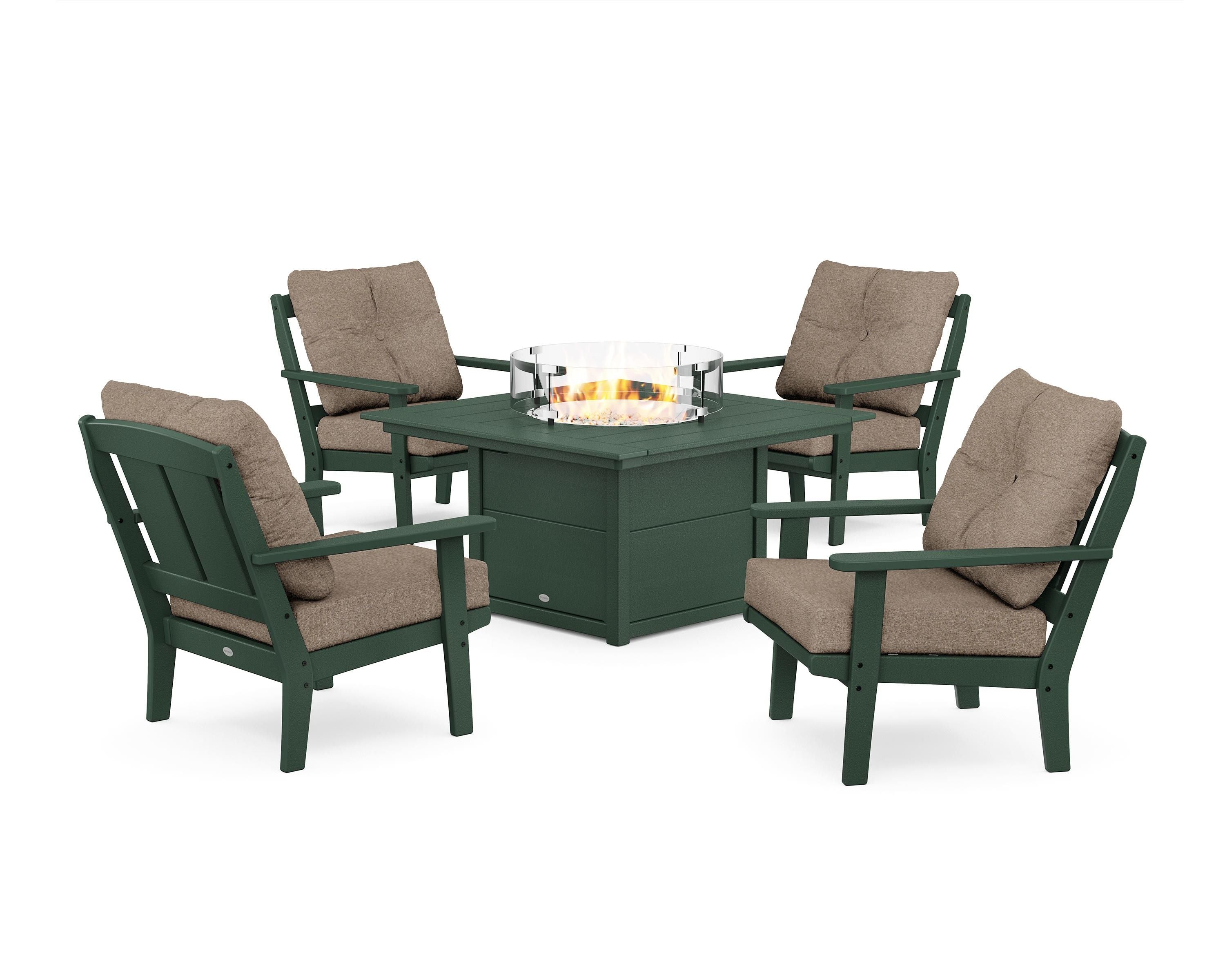 POLYWOOD Mission 5-Piece Deep Seating Set with Fire Pit Table in Green / Spiced Burlap