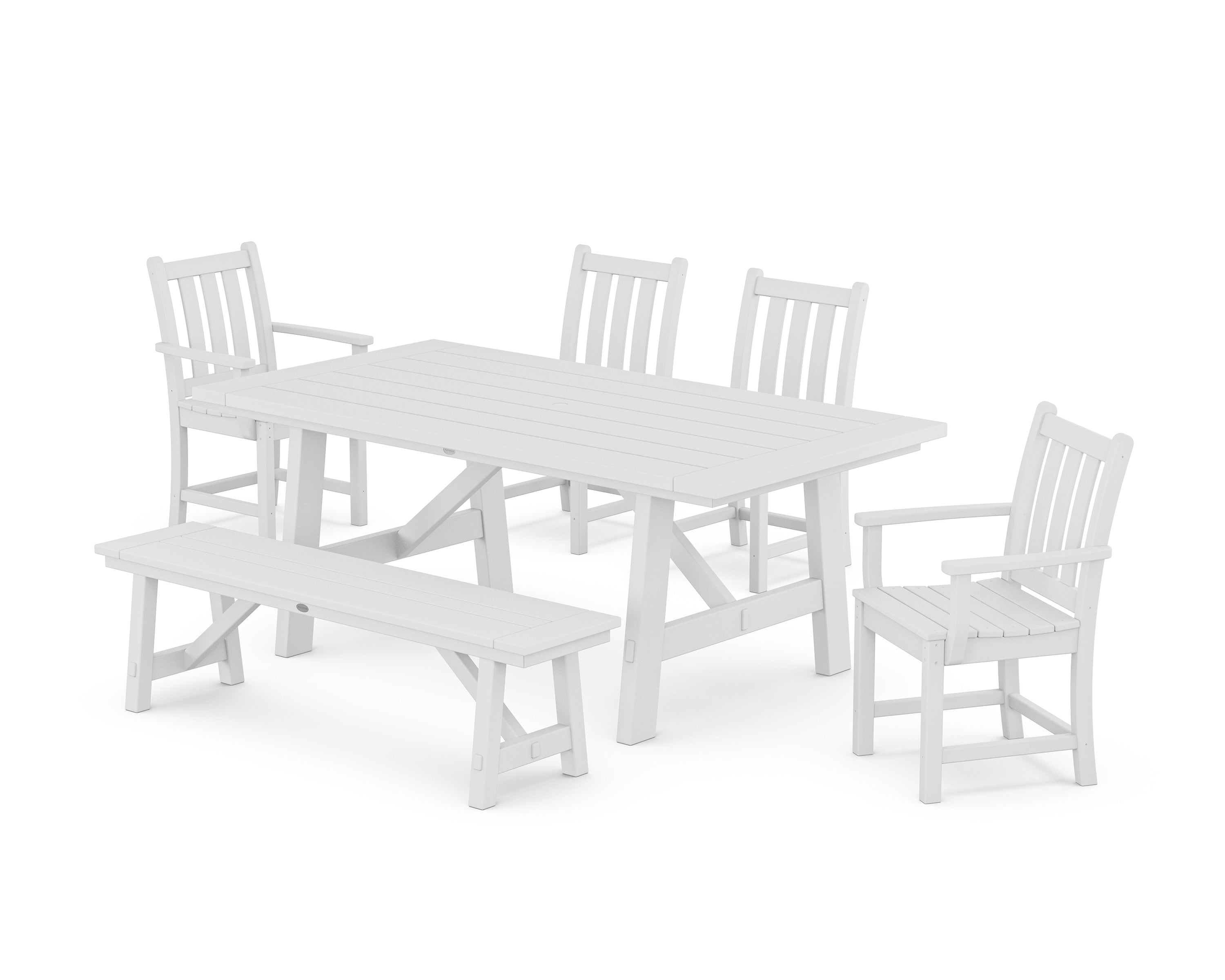 POLYWOOD® Traditional Garden 6-Piece Rustic Farmhouse Dining Set With Bench in White