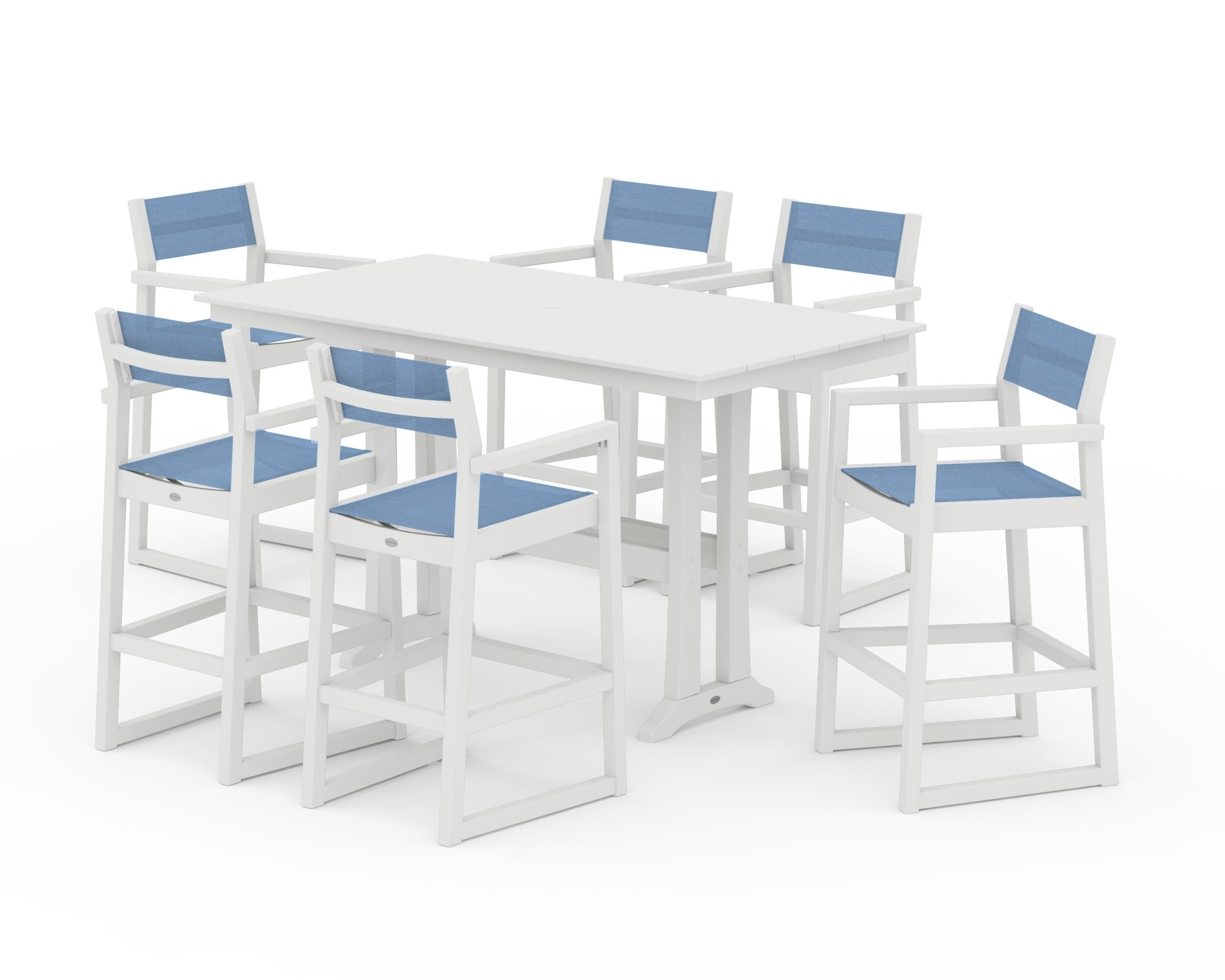 POLYWOOD EDGE Sling Arm Chair 7-Piece Farmhouse Bar Set with Trestle Legs in Vintage White / Poolside Sling
