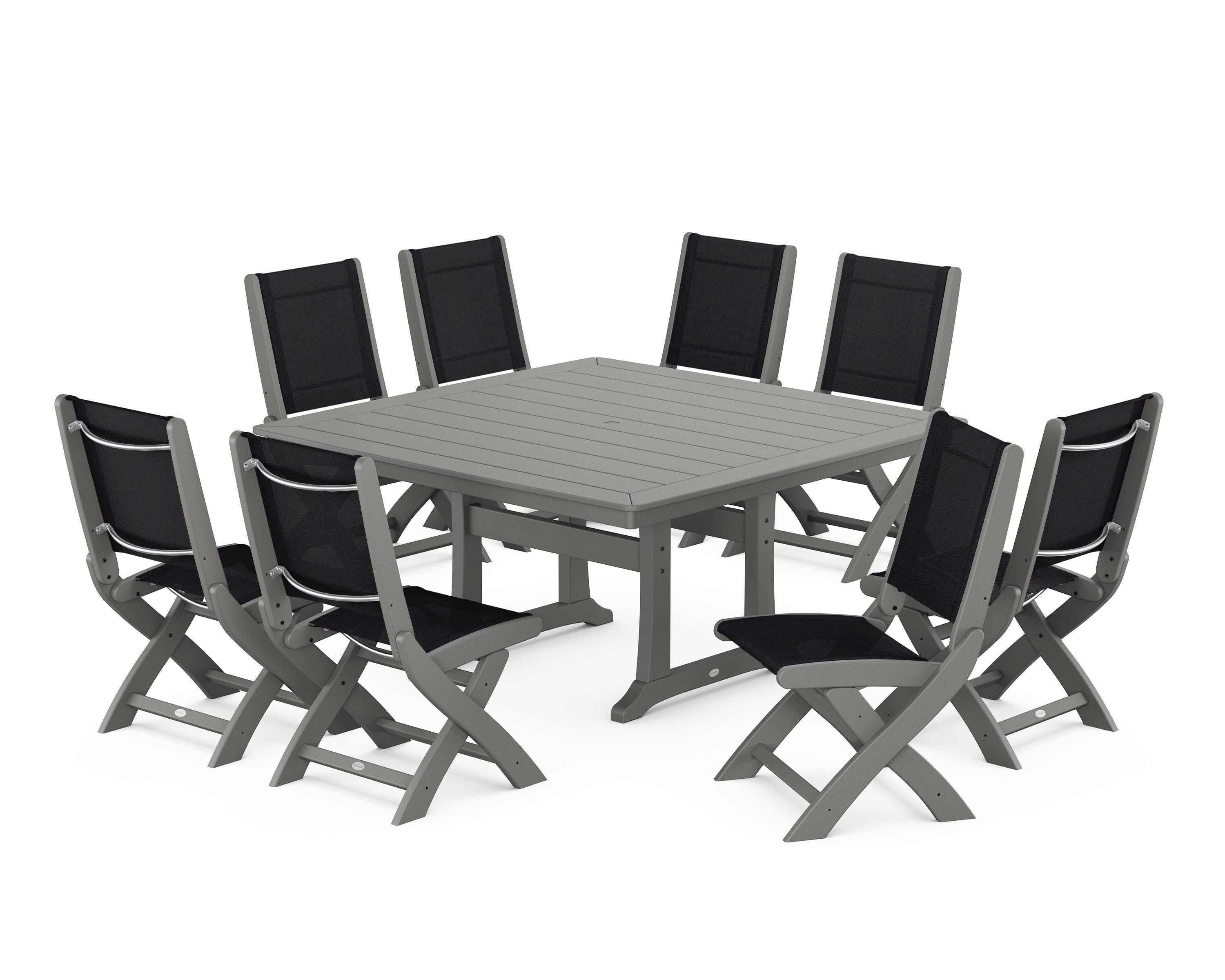 POLYWOOD Coastal Folding Side Chair 9-Piece Dining Set with Trestle Legs in Slate Grey / Black Sling