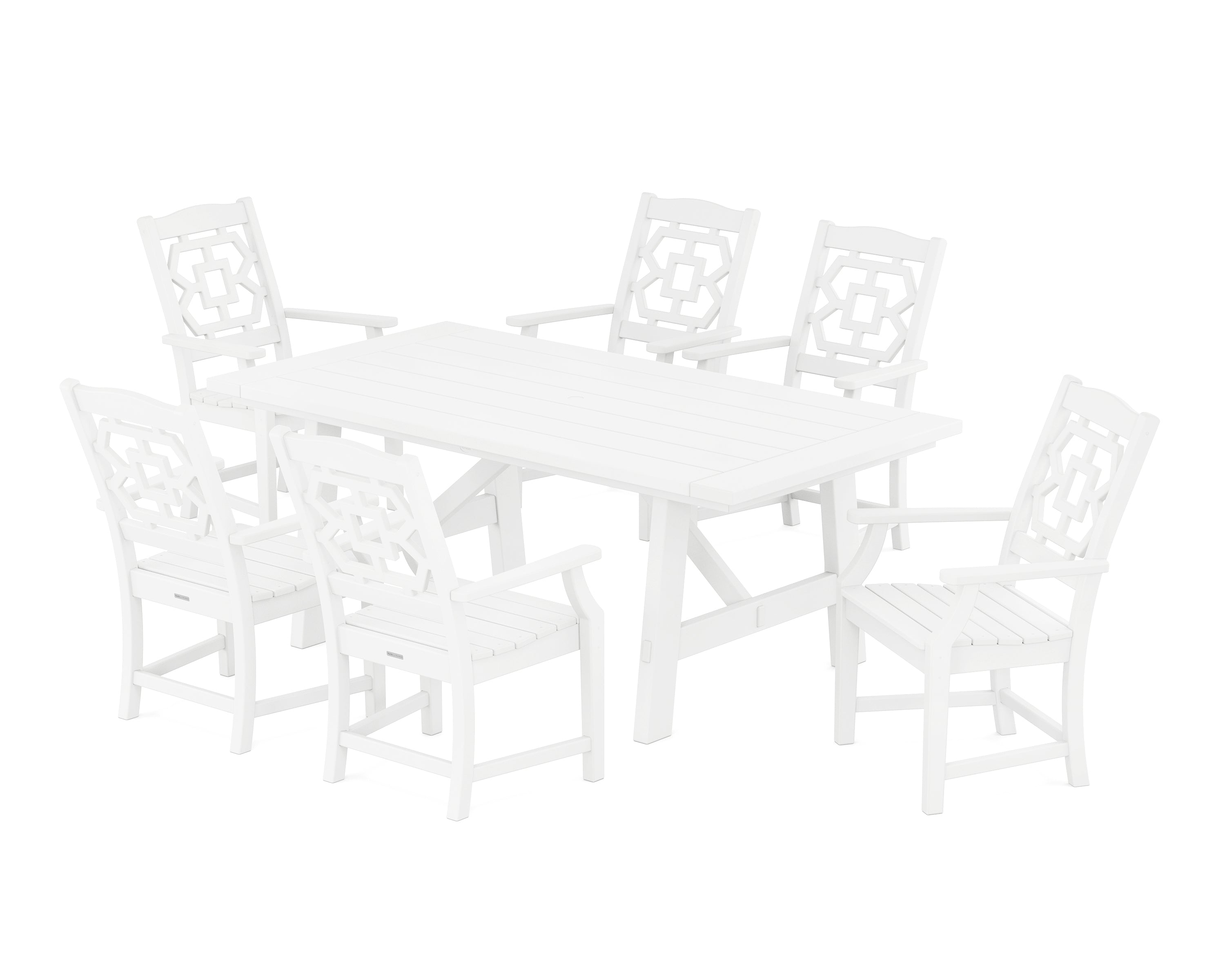 Martha Stewart by POLYWOOD® Chinoiserie Arm Chair 7-Piece Rustic Farmhouse Dining Set in White