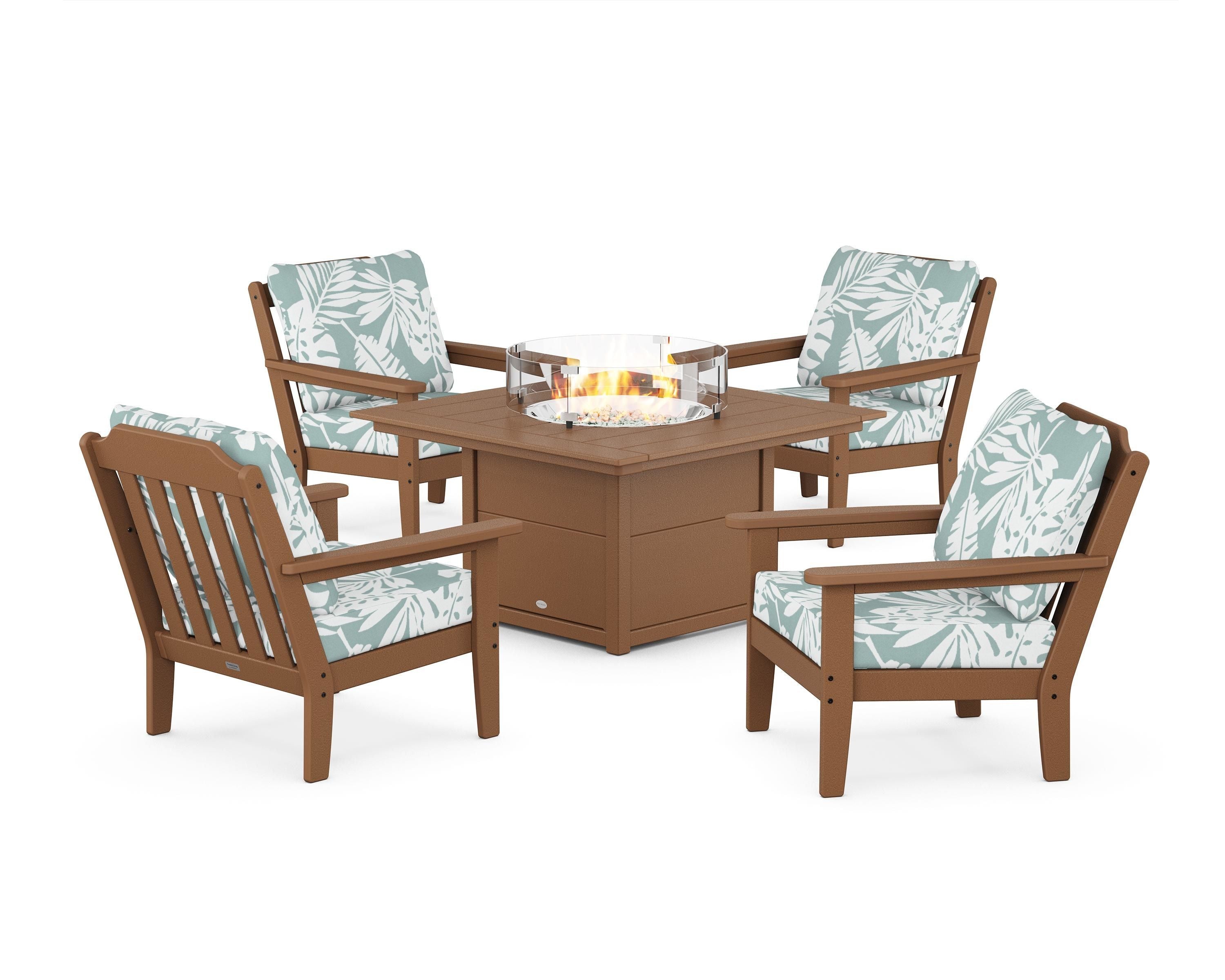 Country Living Cottage 5-Piece Deep Seating Set with Fire Pit Table in Teak / Leaf Glacier Spa