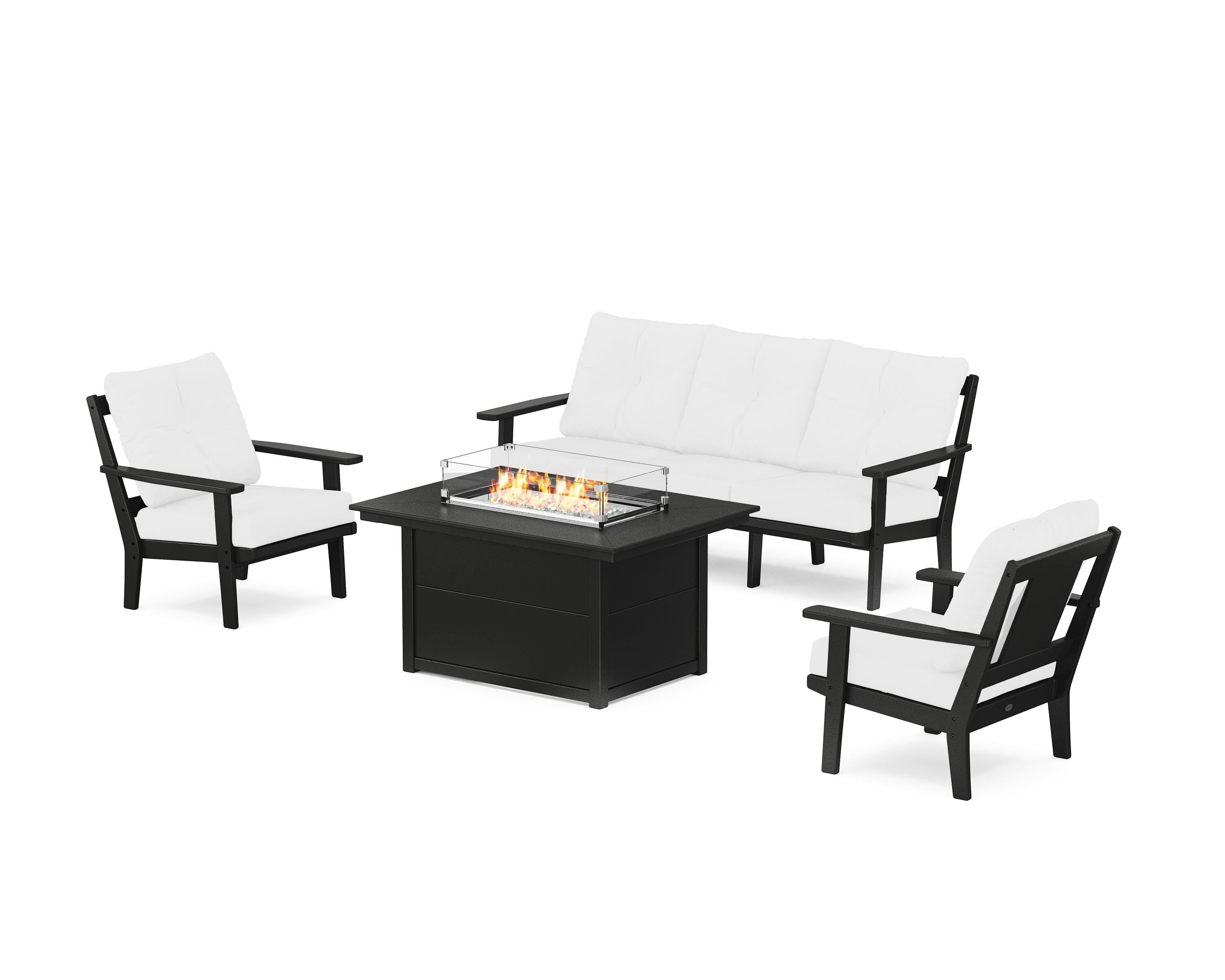 POLYWOOD Prairie Deep Seating Fire Pit Table Set in Black / Natural