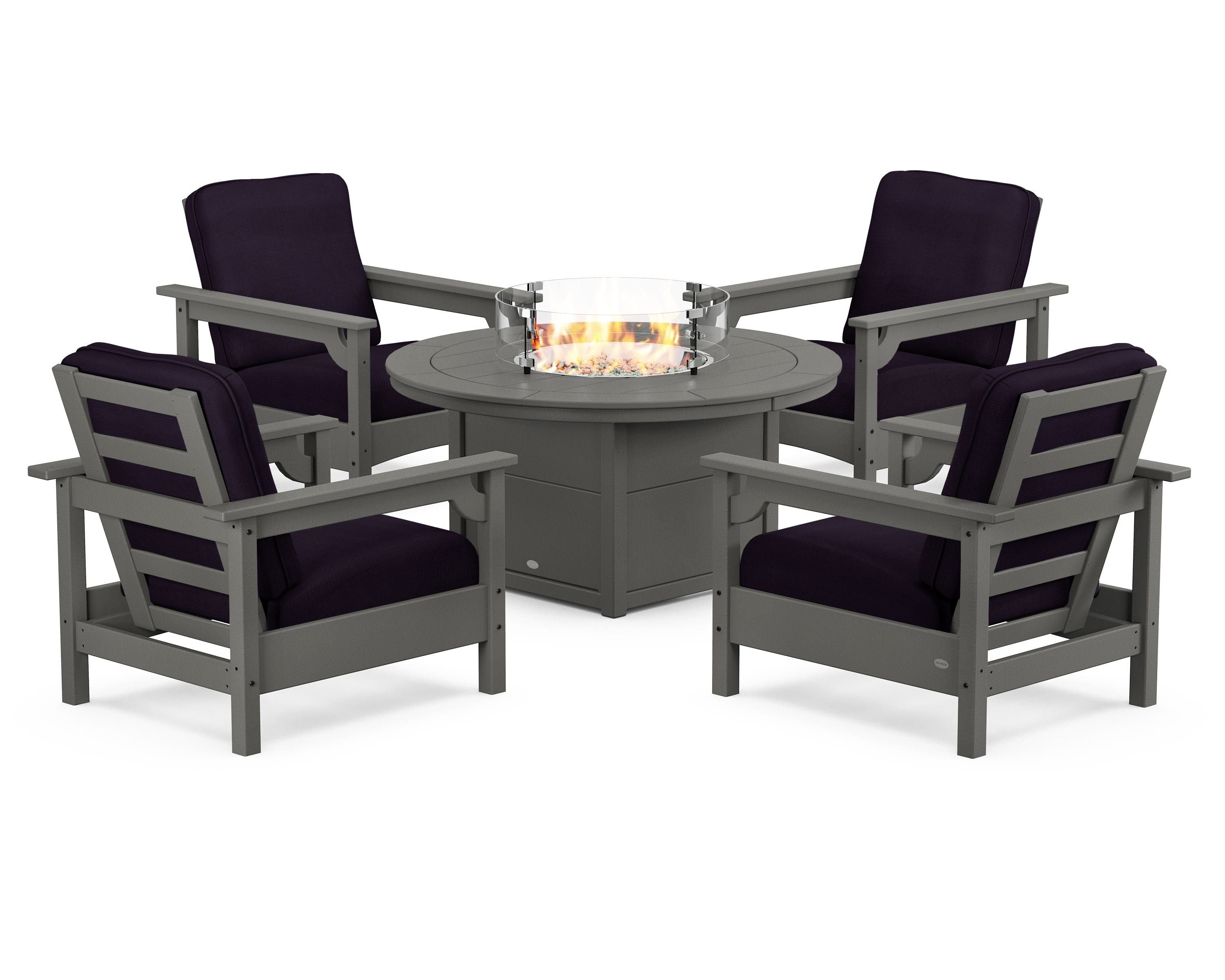 POLYWOOD Club 5-Piece Conversation Set with Fire Pit Table in Slate Grey / Navy Linen